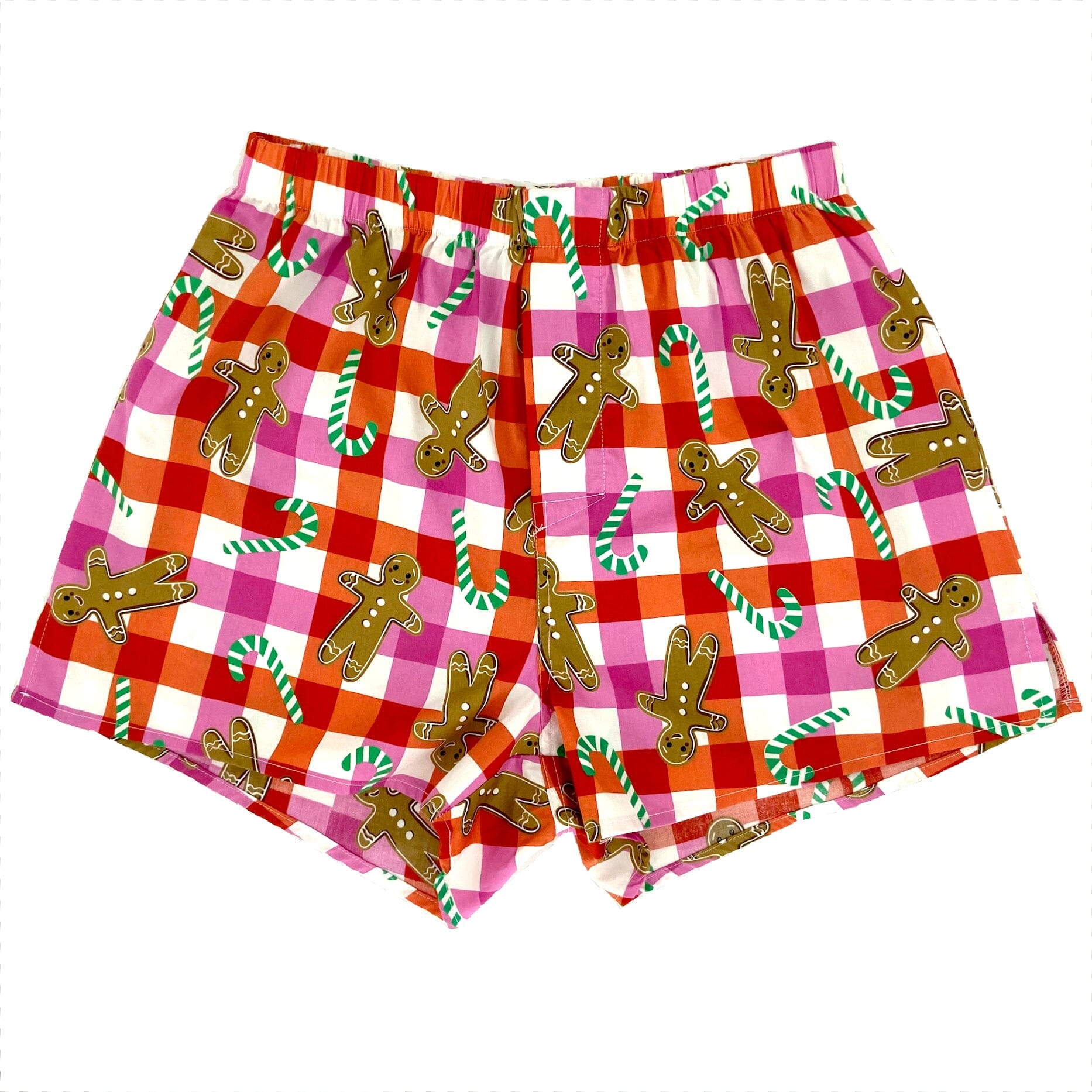 Men's Festive Red Gingerbread Man Candy Cane Print Plaid Boxer Shorts