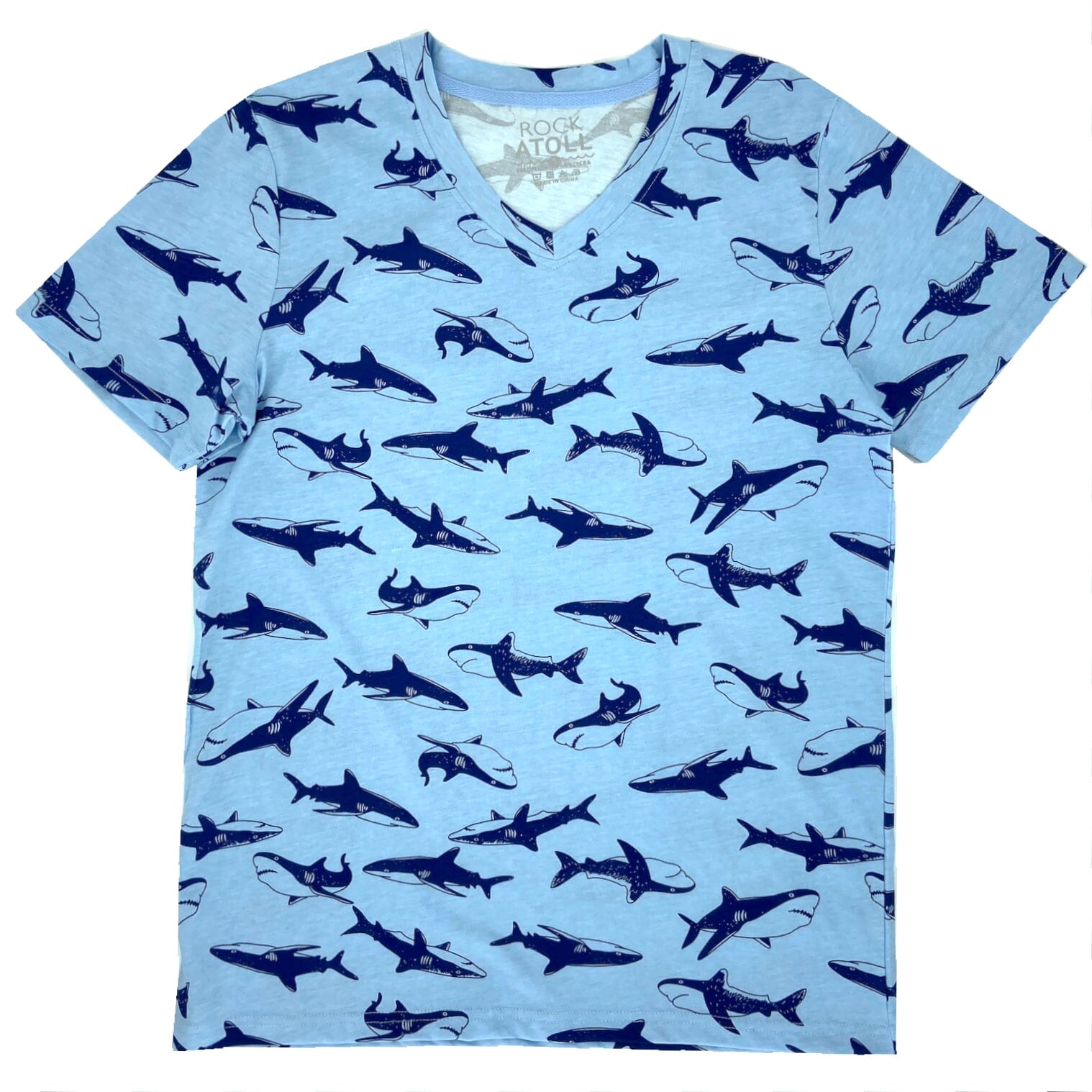 Men's Super Soft Blue Great White Shark Novelty Print Cotton T-Shirt V-Neck