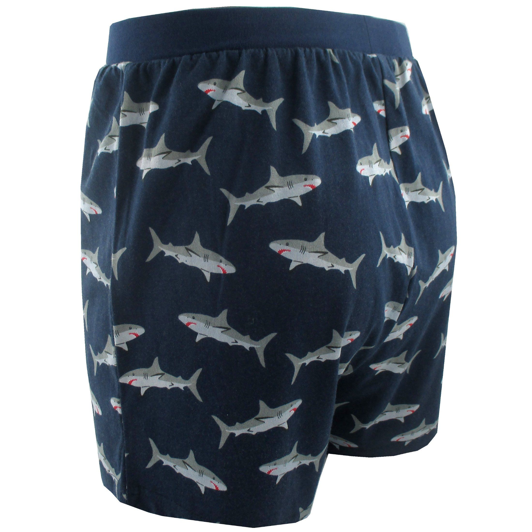 Classic Shark All Over Print Navy Blue Cotton Knit Boxer Shorts for Men