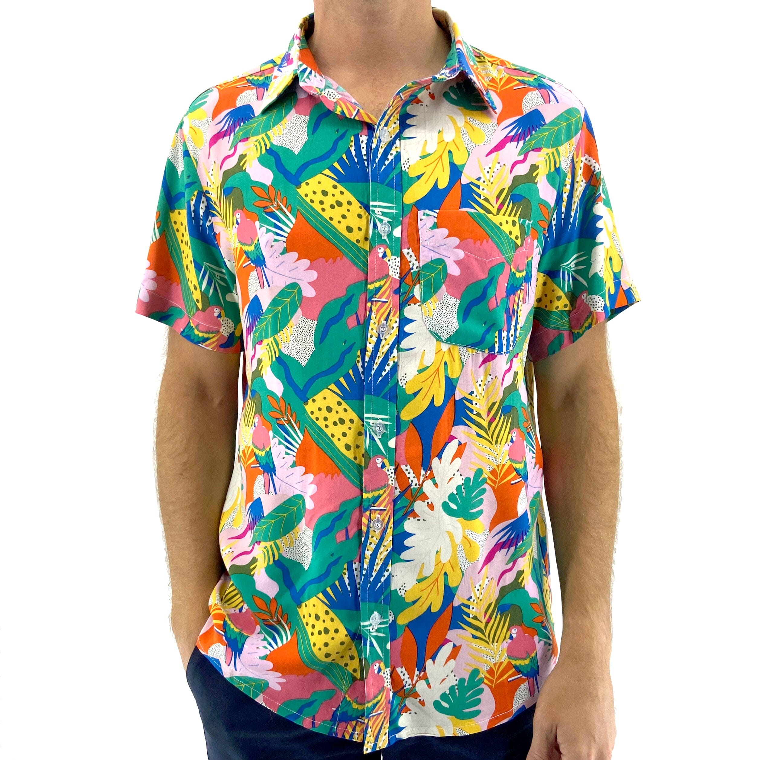 Bright Bold Tropical Abstract Jungle Toucan Print Memphis Design Shirt