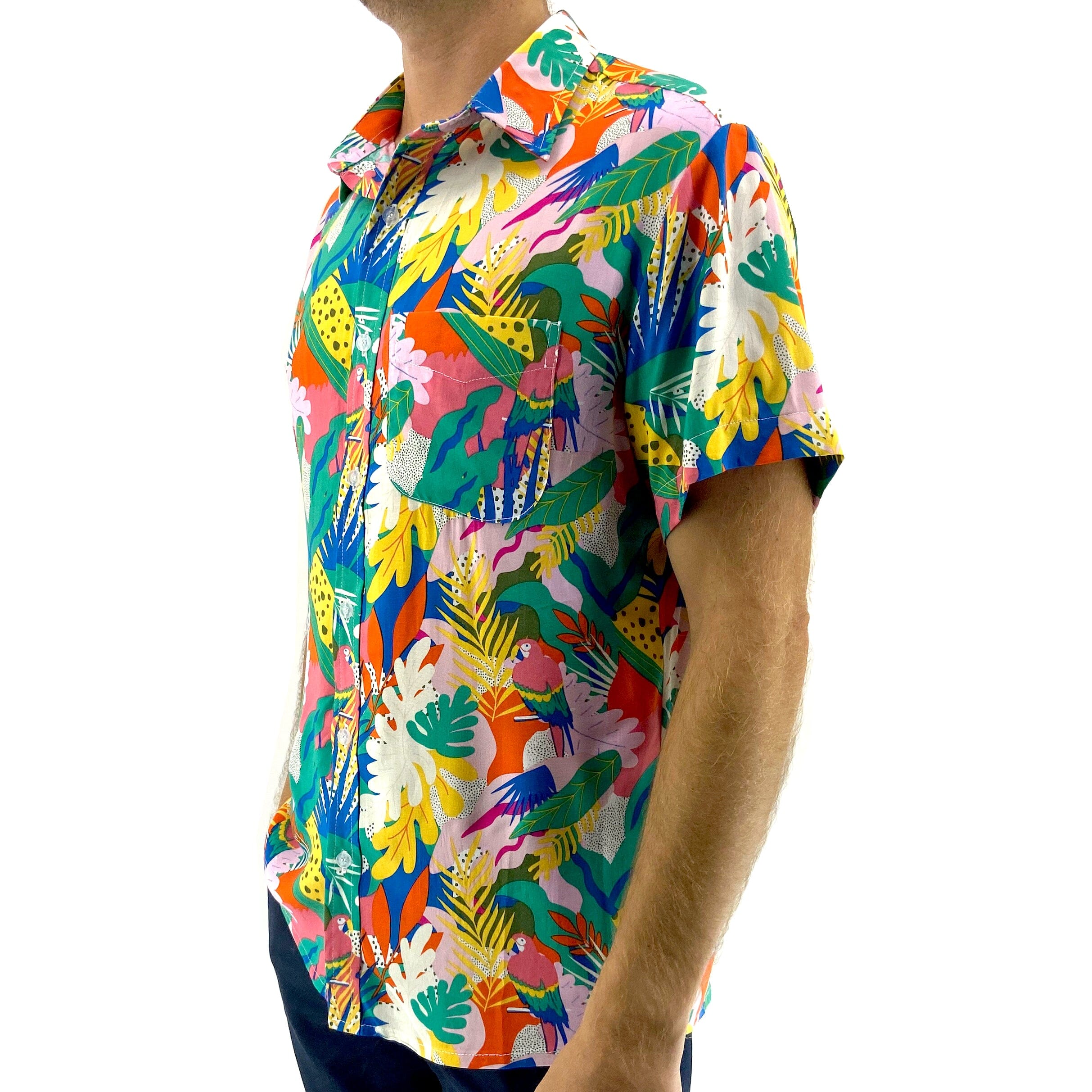 Bright Bold Tropical Abstract Jungle Toucan Print Memphis Design Shirt