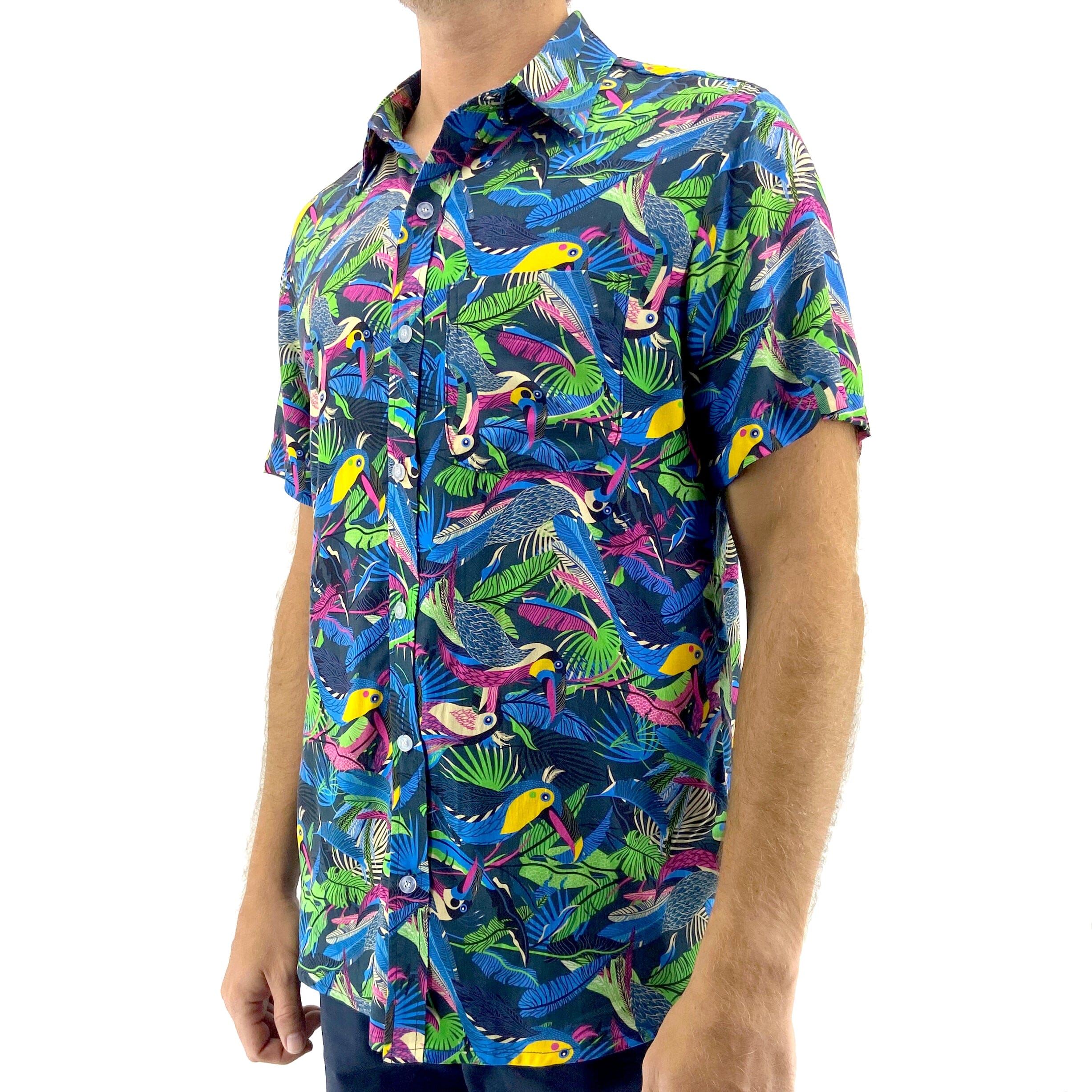 Men's Colorful Tropical Toco Toucan Birds Patterned Button Down Shirt