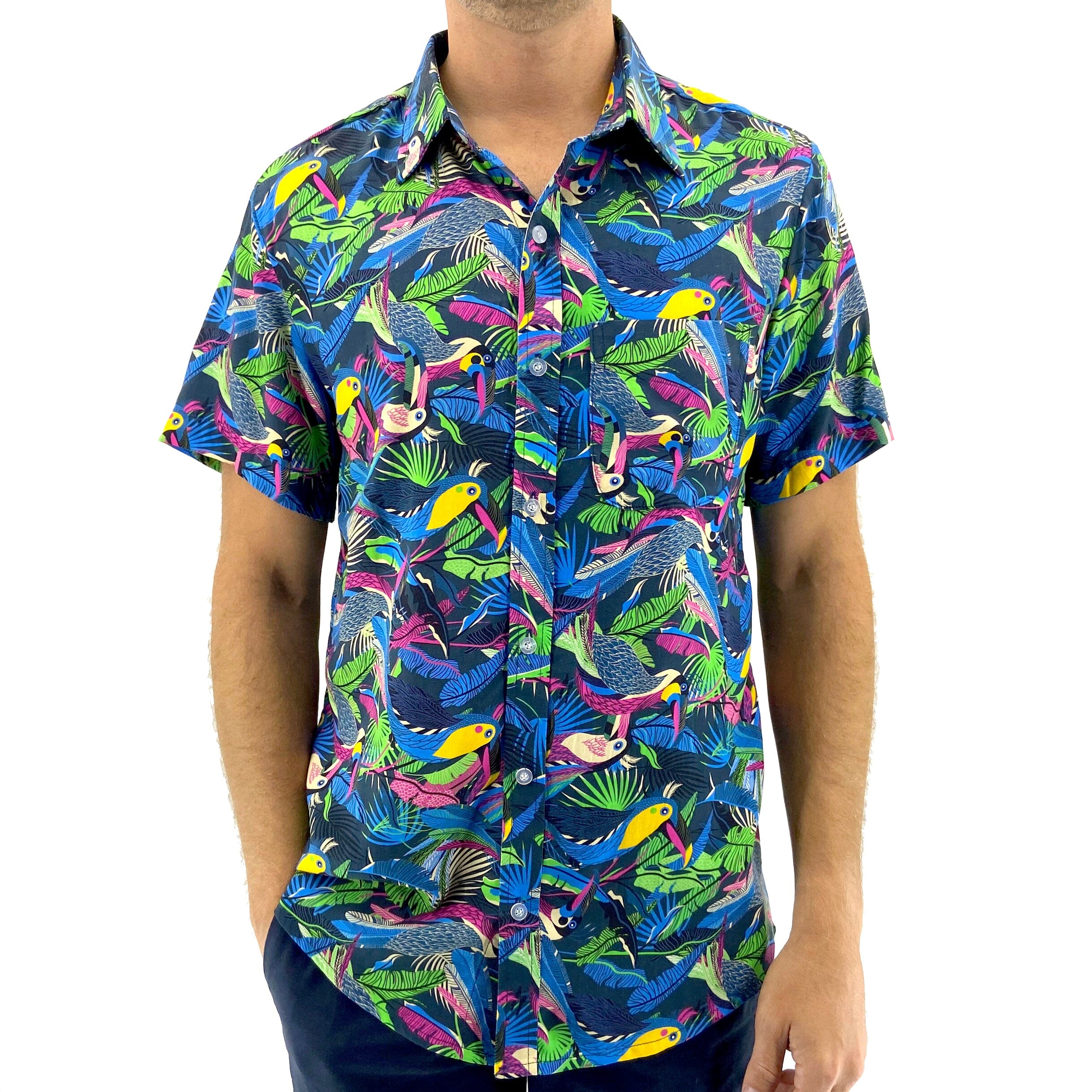 Men's Colorful Tropical Toco Toucan Birds Patterned Button Down Shirt