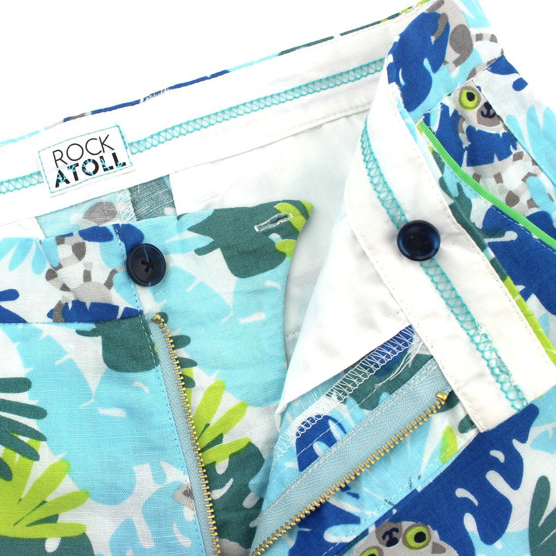 Lemurs and Palm Leaves Flat Front Men's Shorts in Blue Green