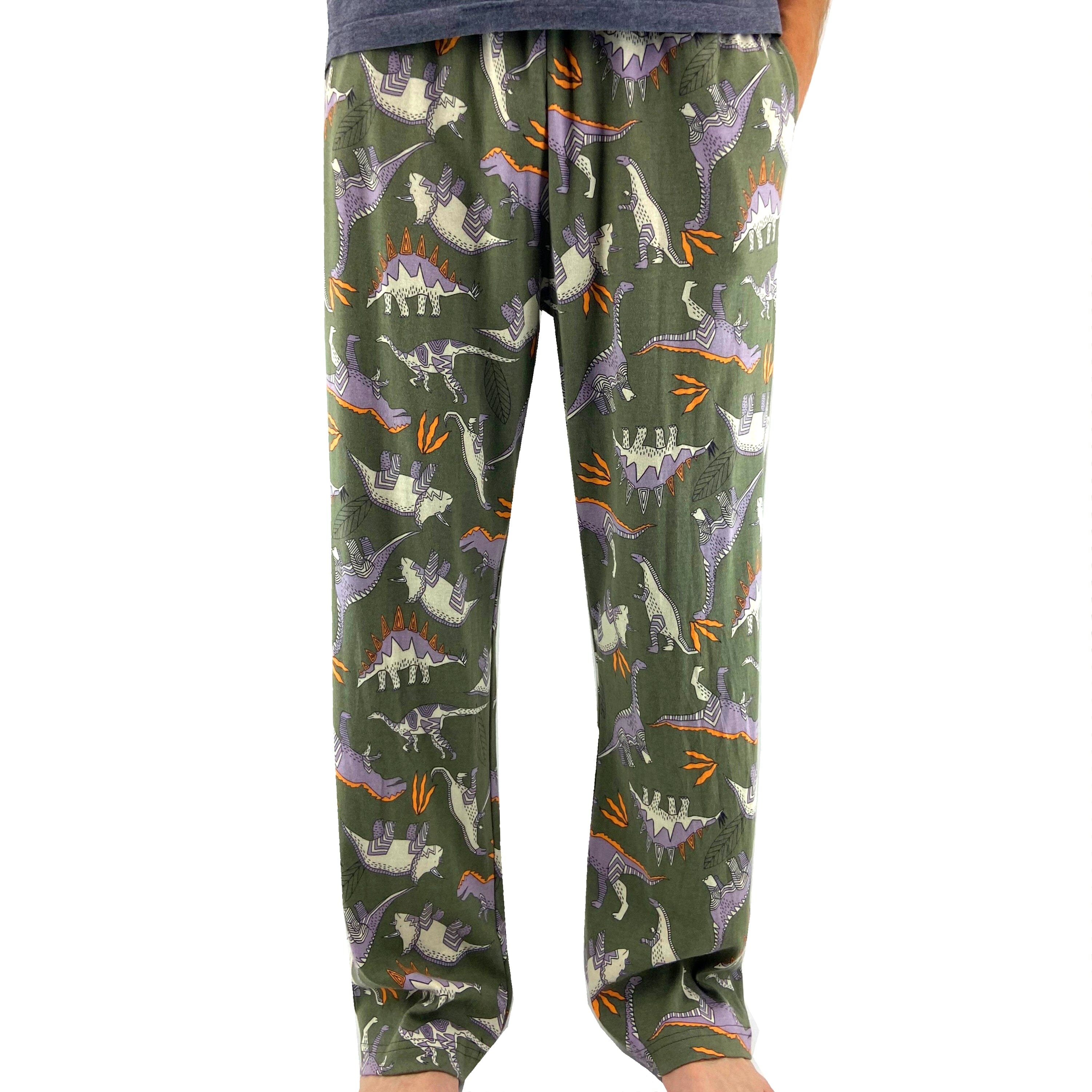 Men's Dinosaur Fossil Novelty Print Cotton Knit Long Pyjama Bottoms