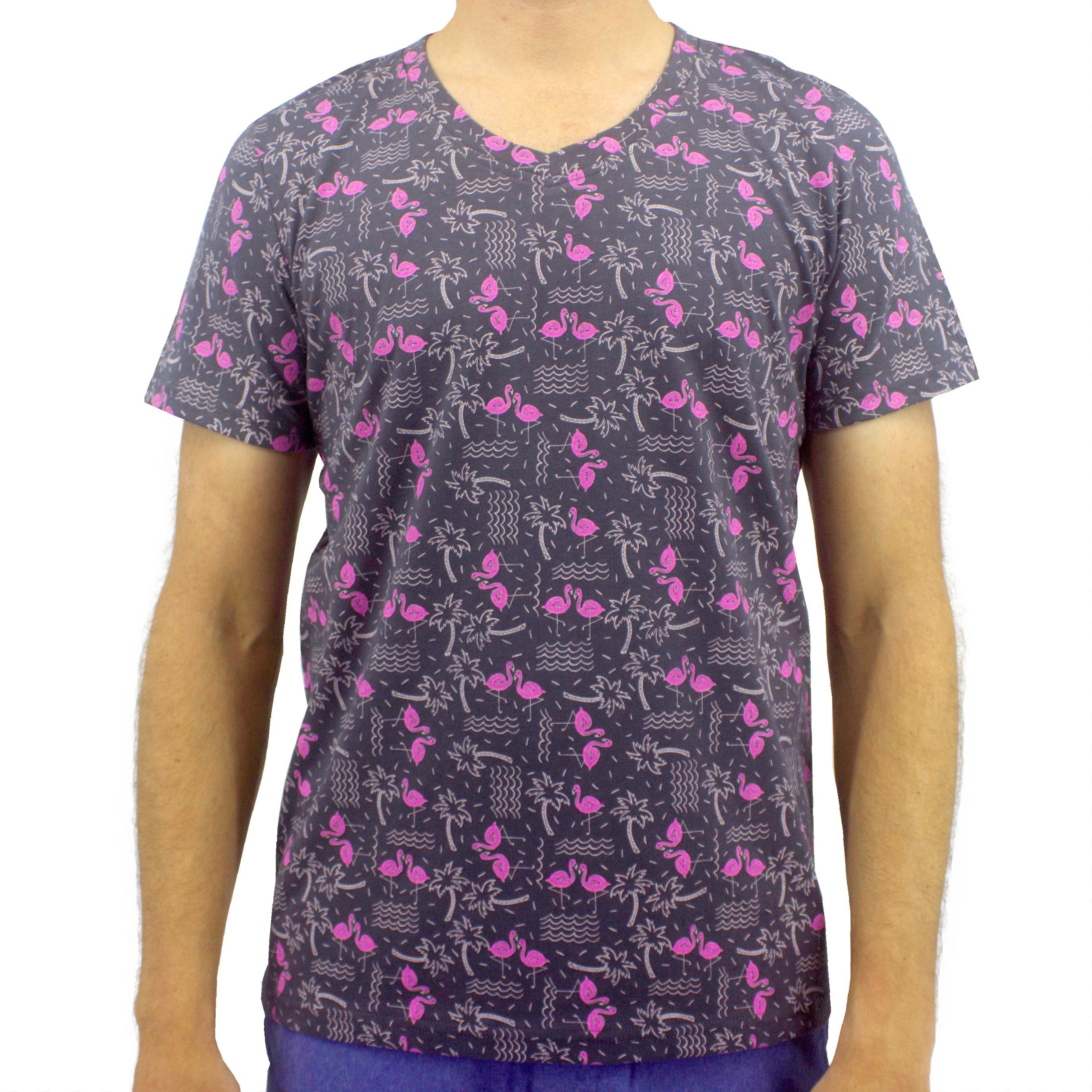 Men's New Flamingo Pattern T-Shirt Cotton Tee in Grey