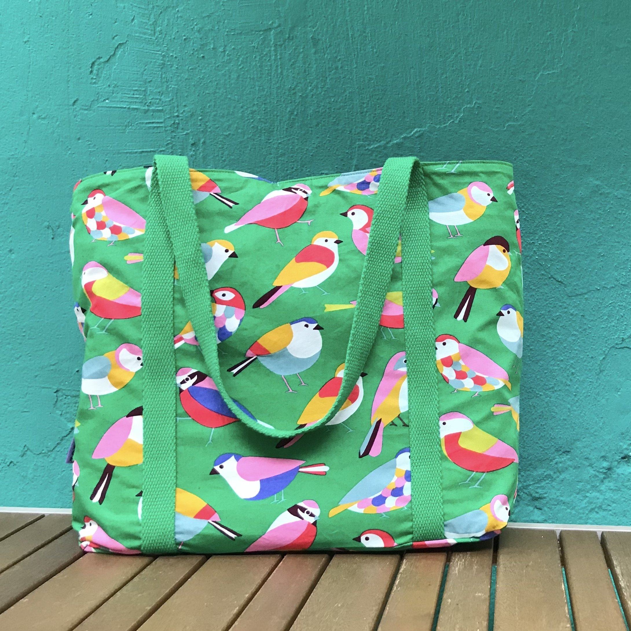 Bright Green Bird All Over Print Large Market Shopper Tote Bag for Women