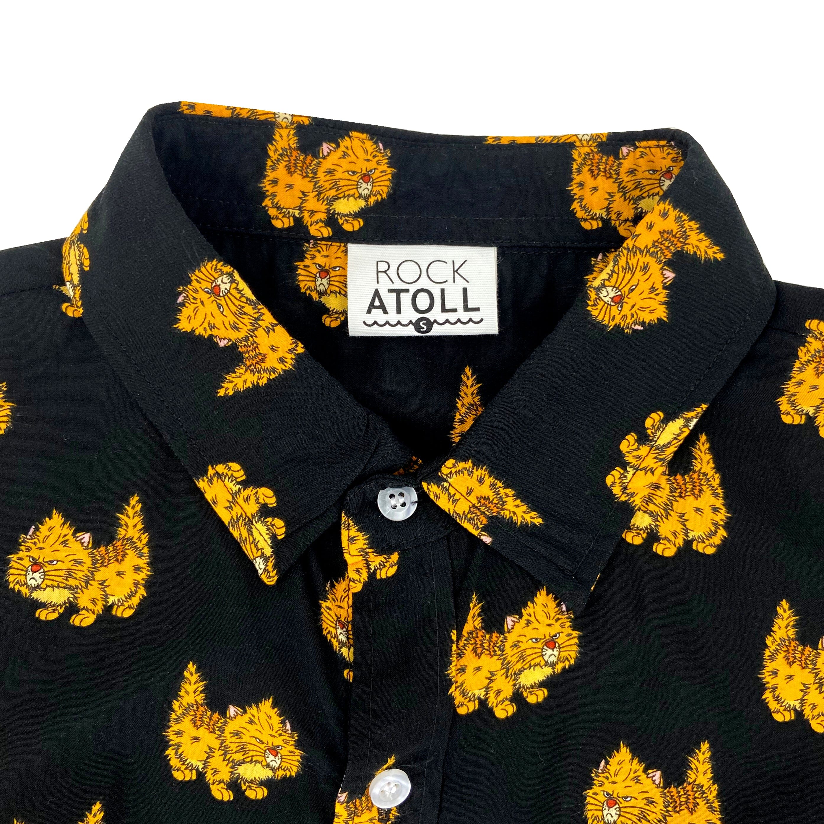 Men's Grumpy Kitty Cat Printed Black Button Down Short-Sleeve Shirt