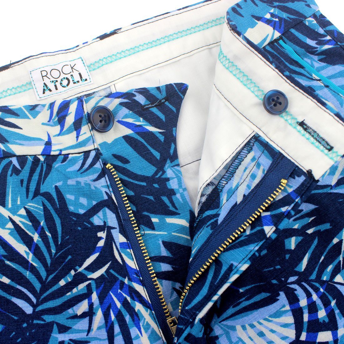 Blue Floral Hawaiian Leaves Graphic Print Men's Shorts in Linen