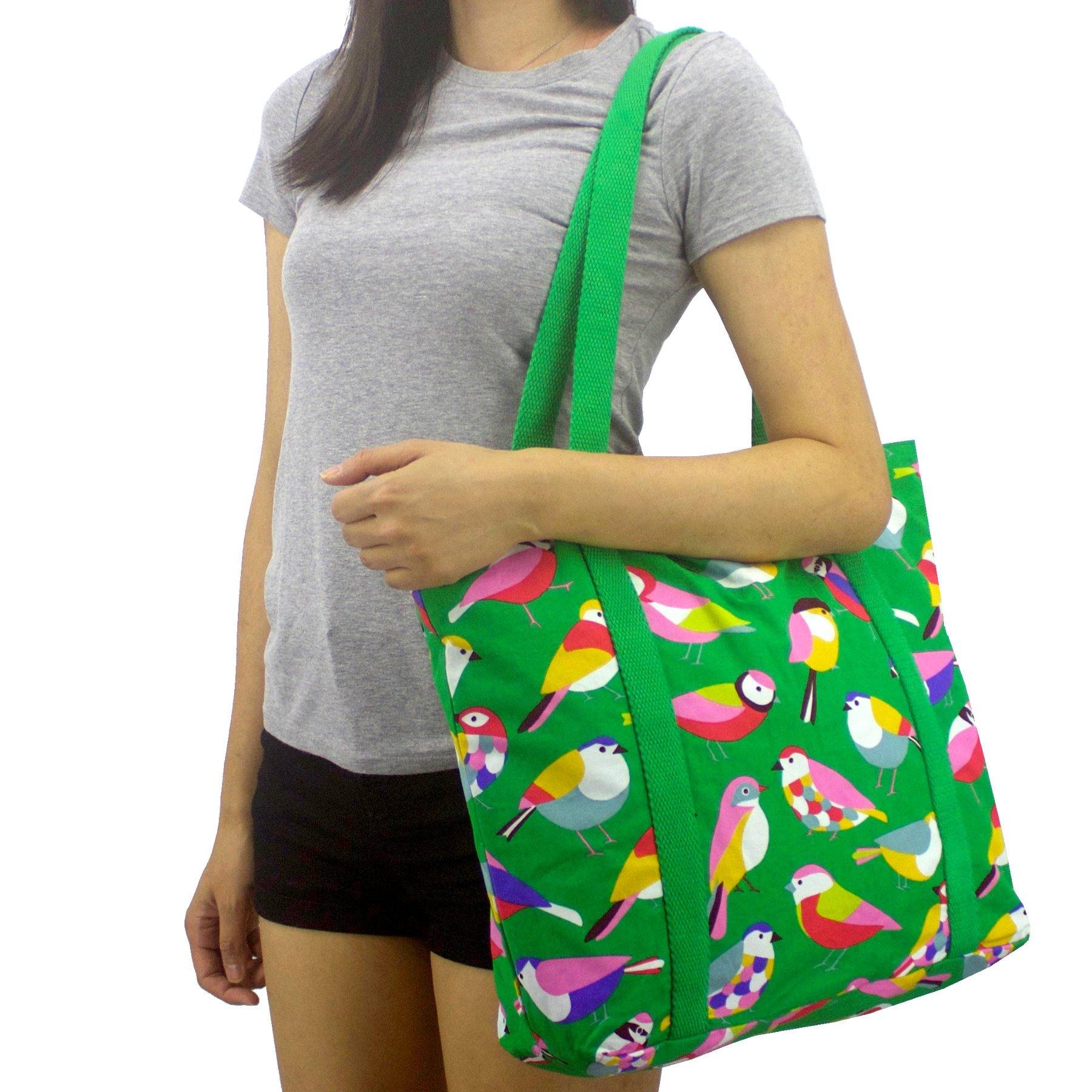 Bright Green Bird All Over Print Large Market Shopper Tote Bag for Women