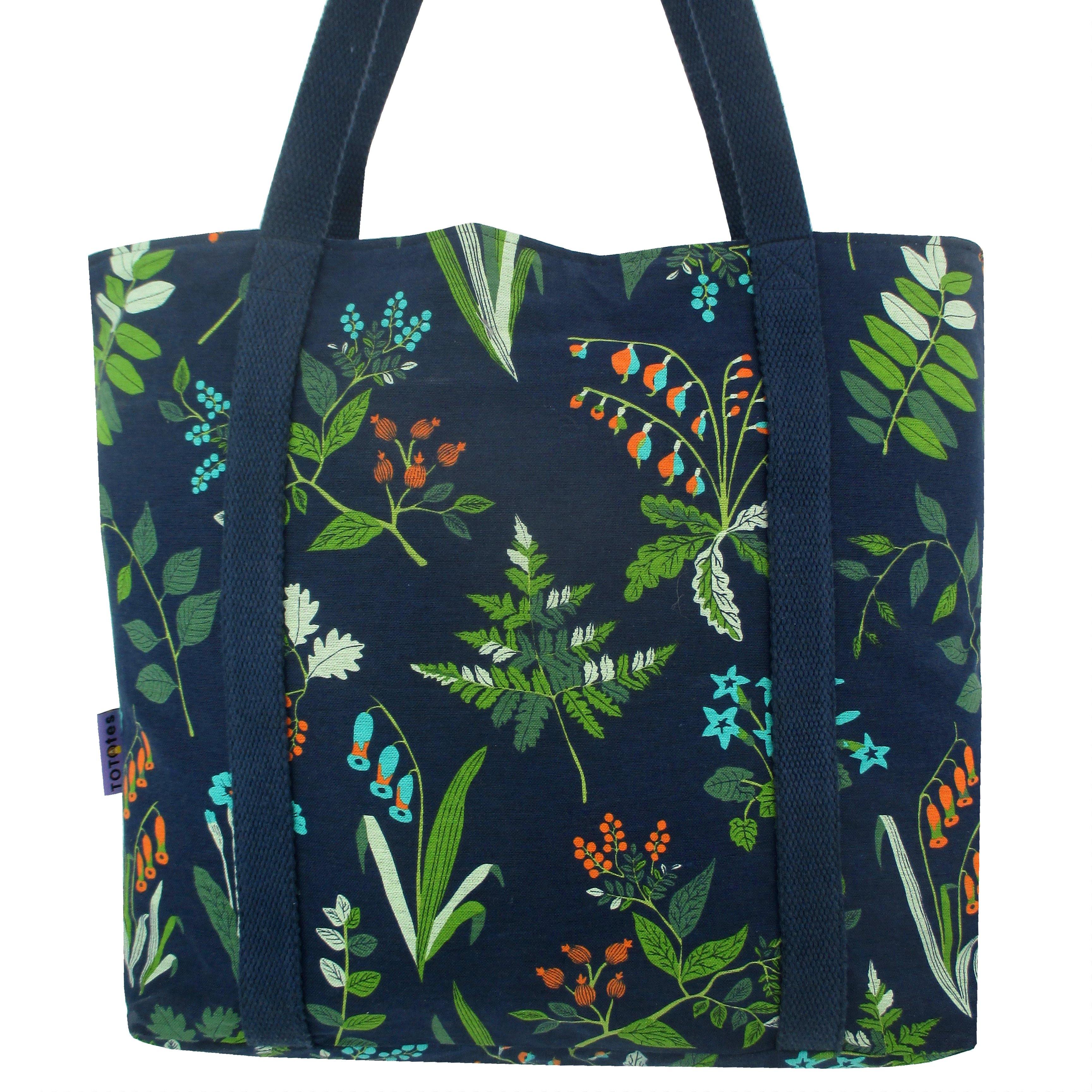 Floral Leaves All Over Print Market Wide Tote Bag with Zip Pocket in Blue