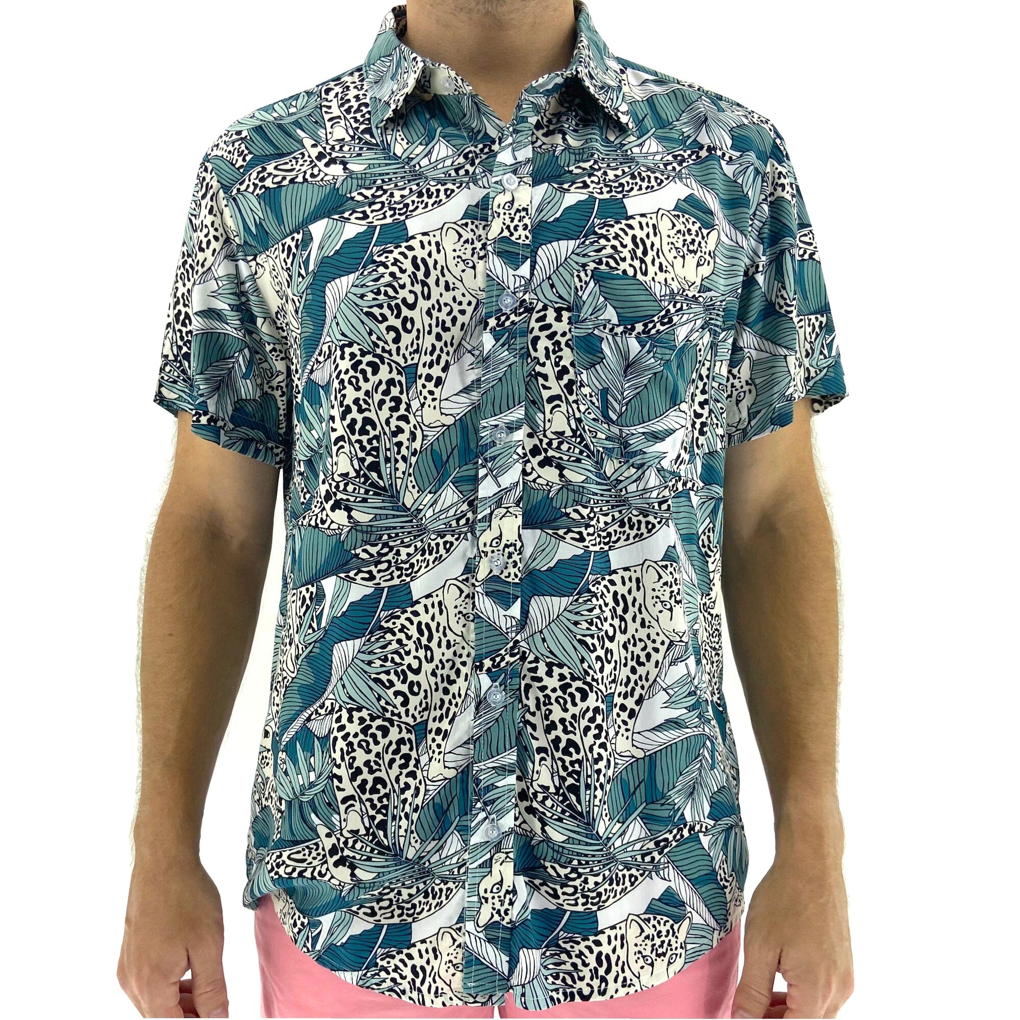 Men's Leopard All Over Print Soft Lightweight Button Down Aloha Shirt
