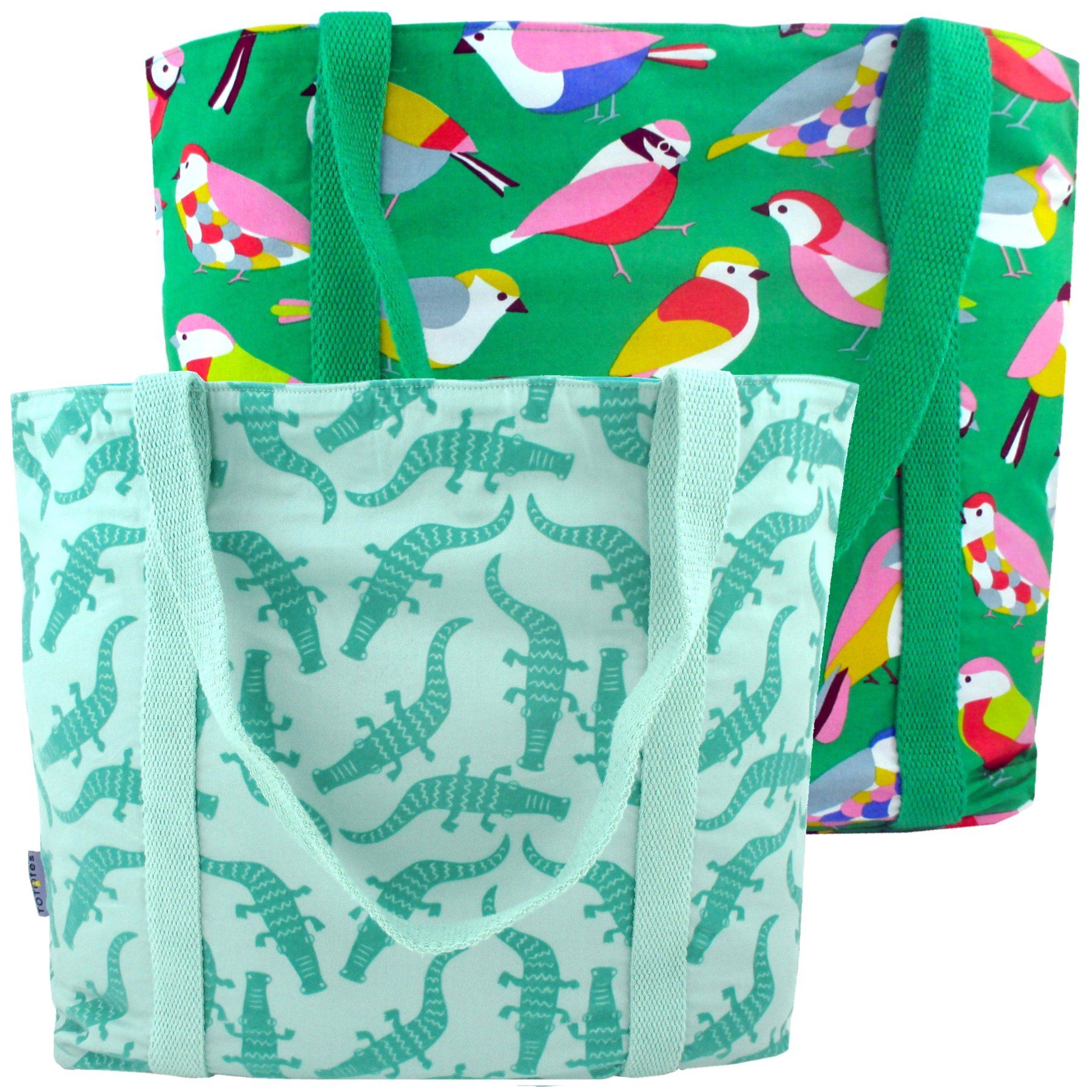 Bright Green Large Shopper Totes with Cute Animal Crocodile Bird Print | Pack of 2