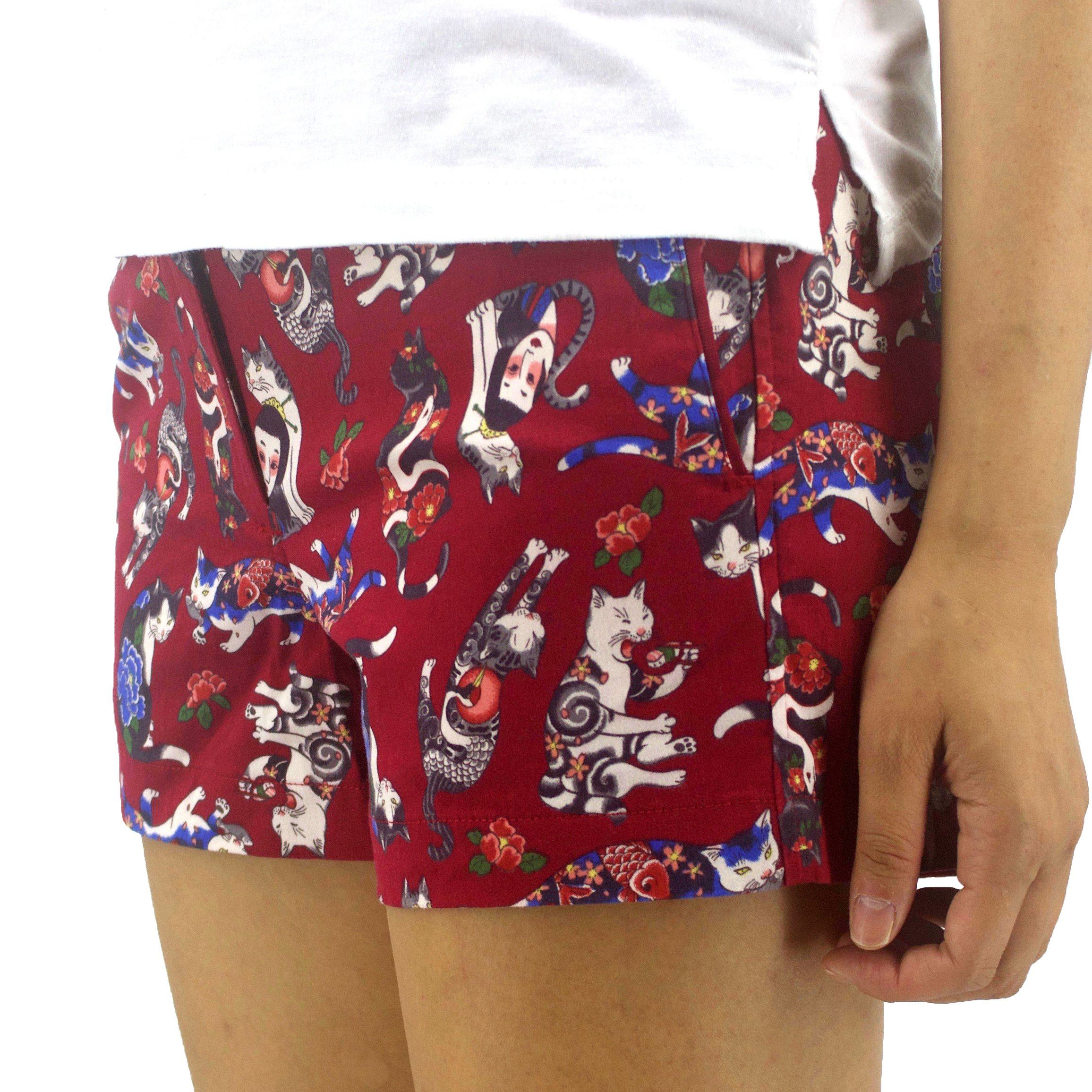 Colorful Tattoo Yakuza Cats Patterned Chino Shorts for Women