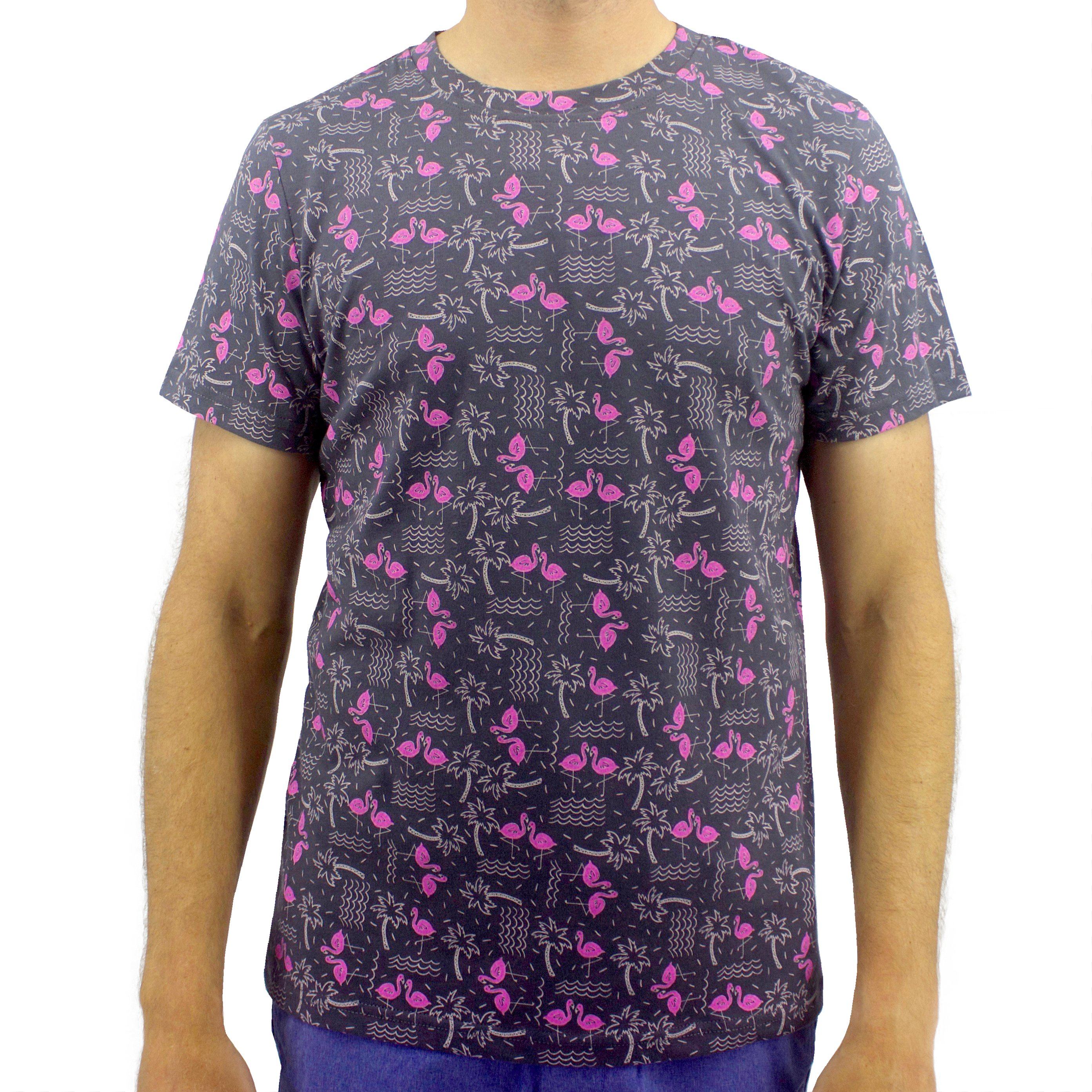 Round Neck Flamingo Palm Tree All Over Print Graphic Tee for Men Round Neck