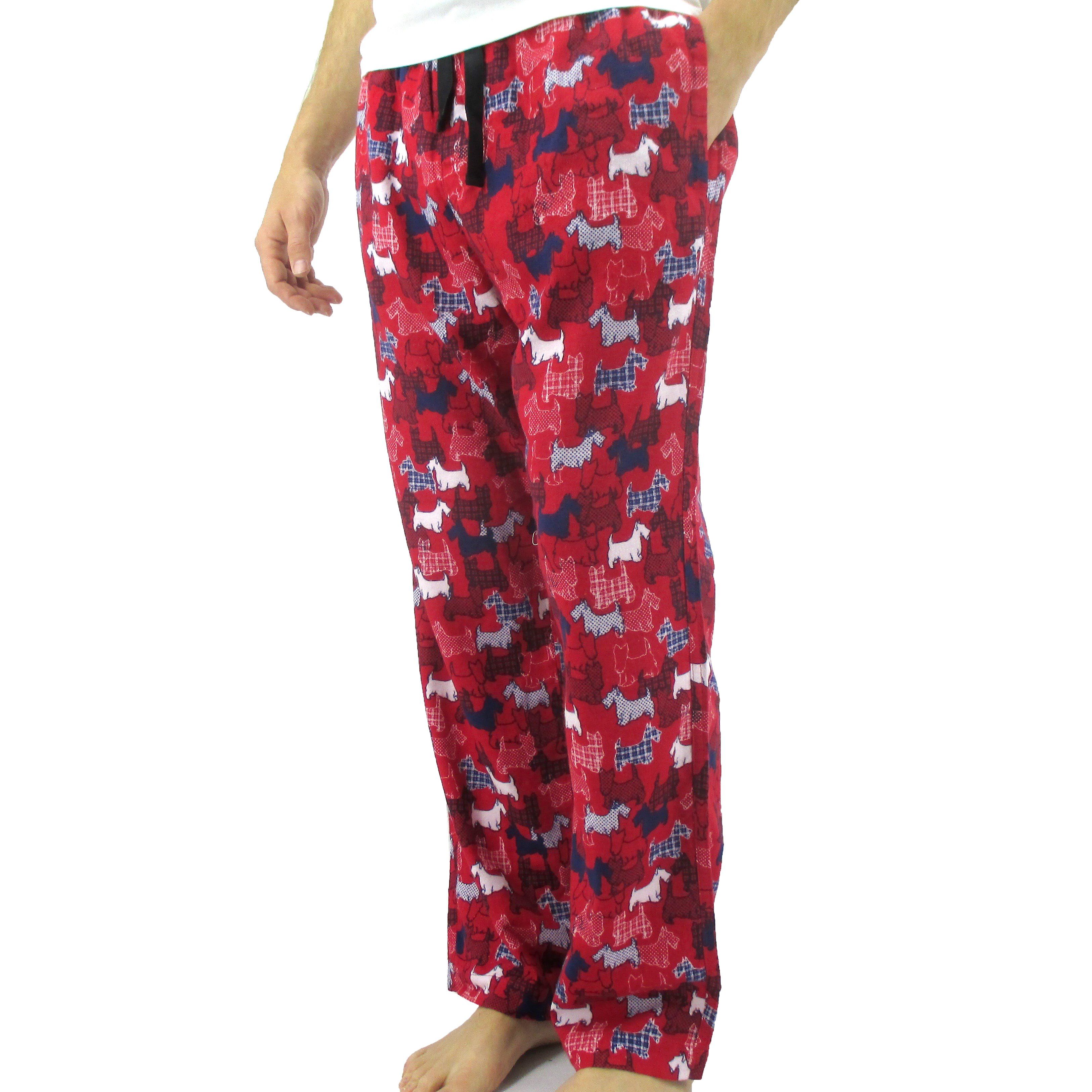 Rock Atoll Sleepwear. Men's Flannel Pyjama Bottoms with Scottish Terrier All Over Print in Red