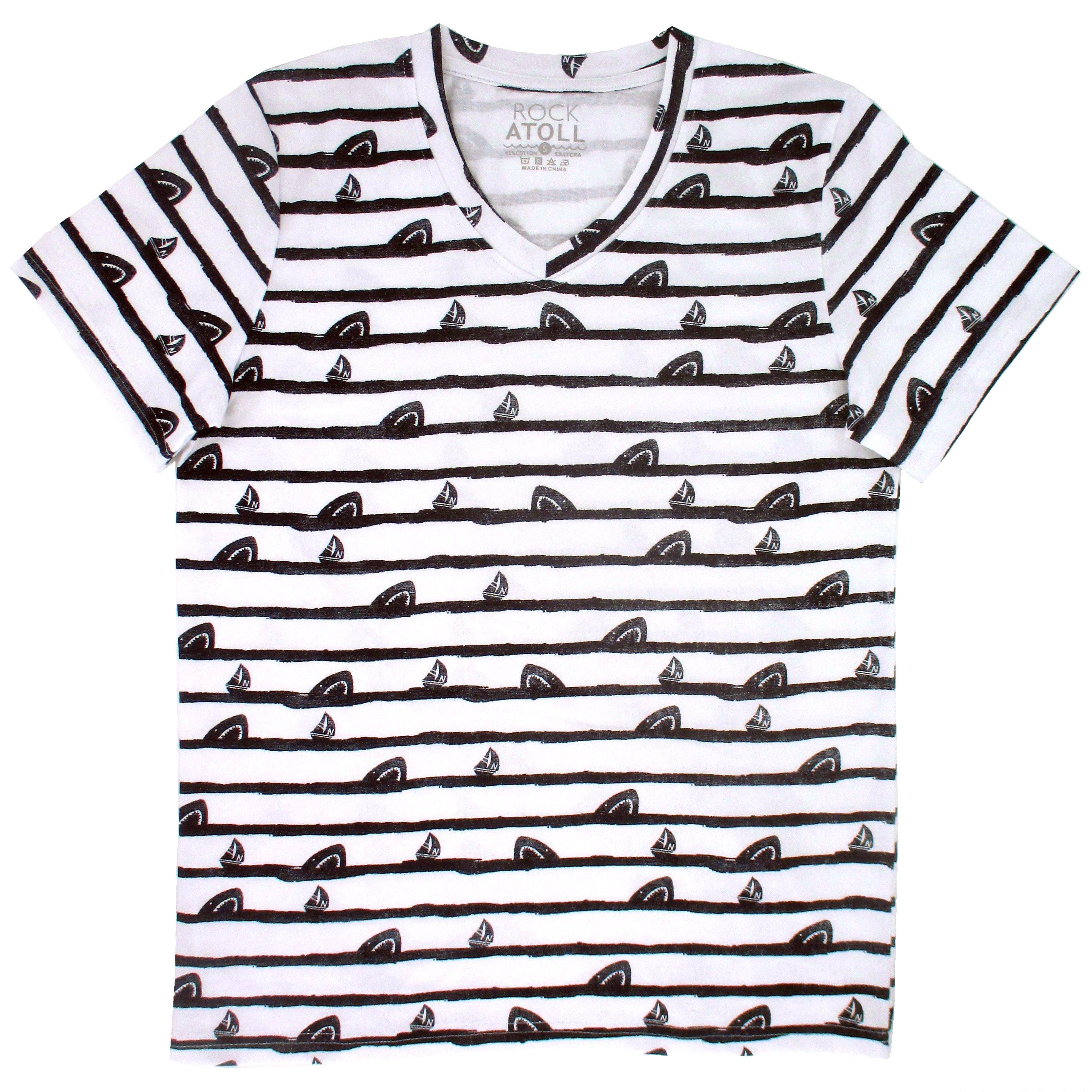 Men's White Striped V-Neck Shark Print T-Shirt Casualwear