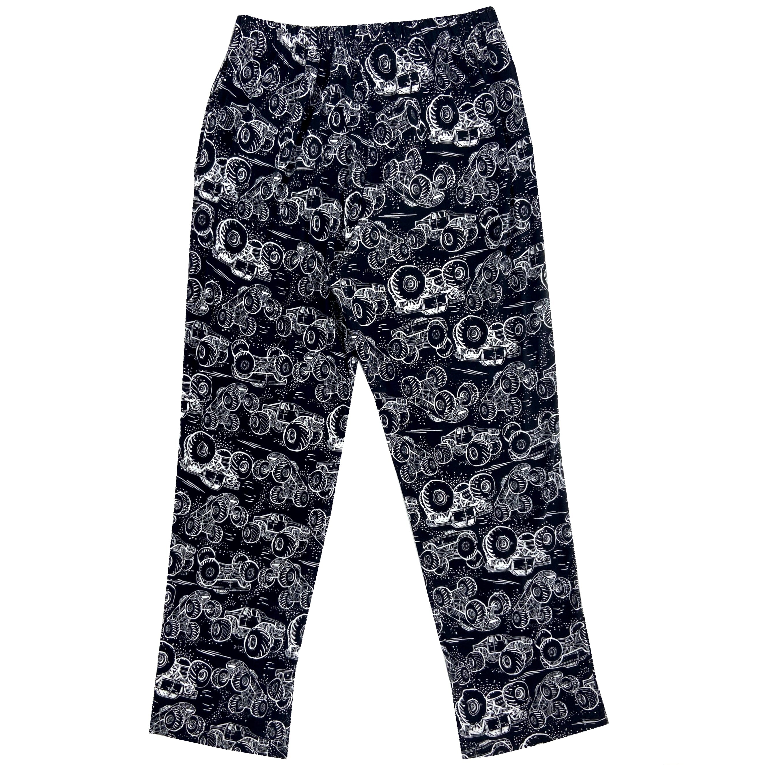 Men's Black Monster Truck Patterned Cotton Knit Long Pajama PJ Pants