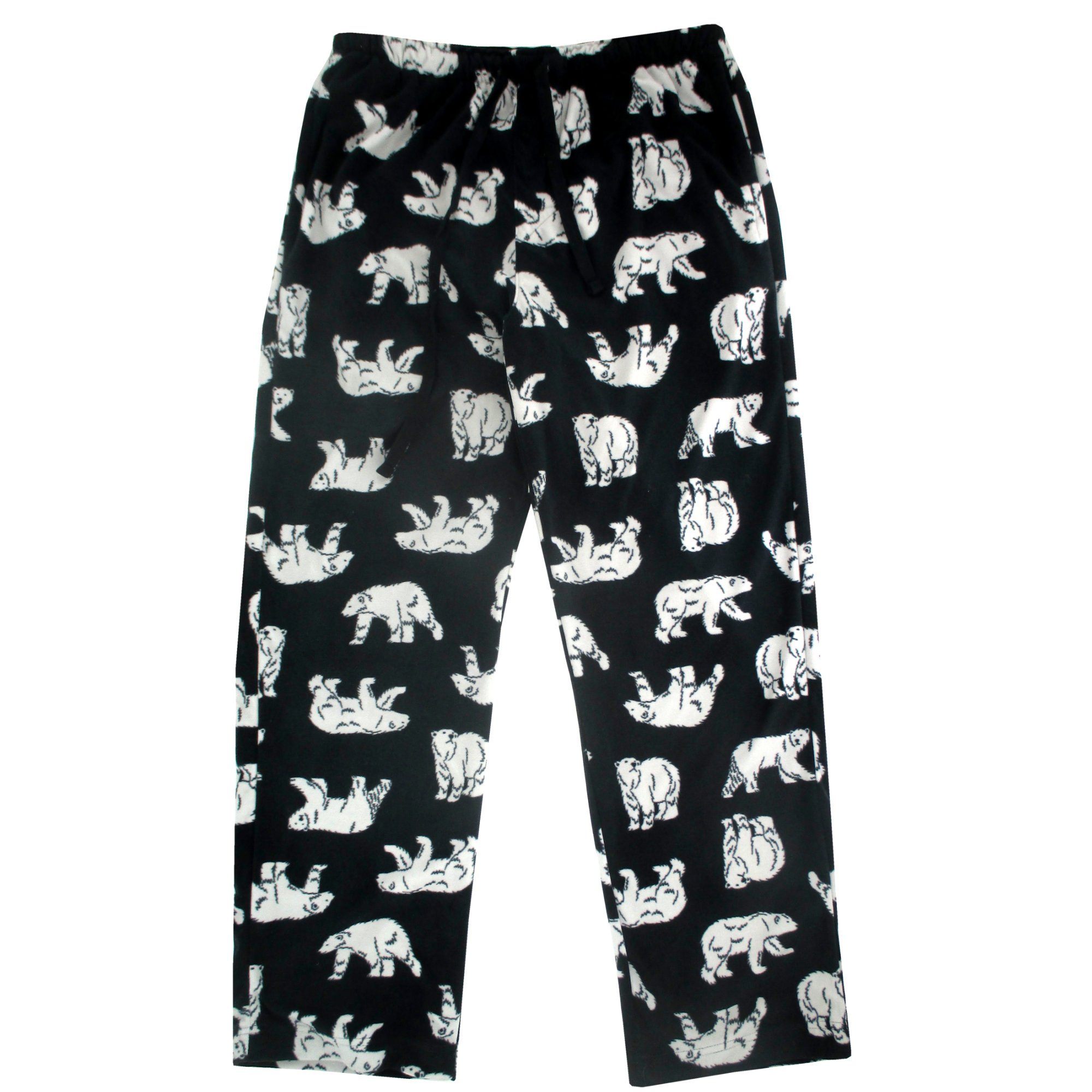 Black Polar Bear Patterned Soft Warm Fleece Pyjama Bottoms for Men