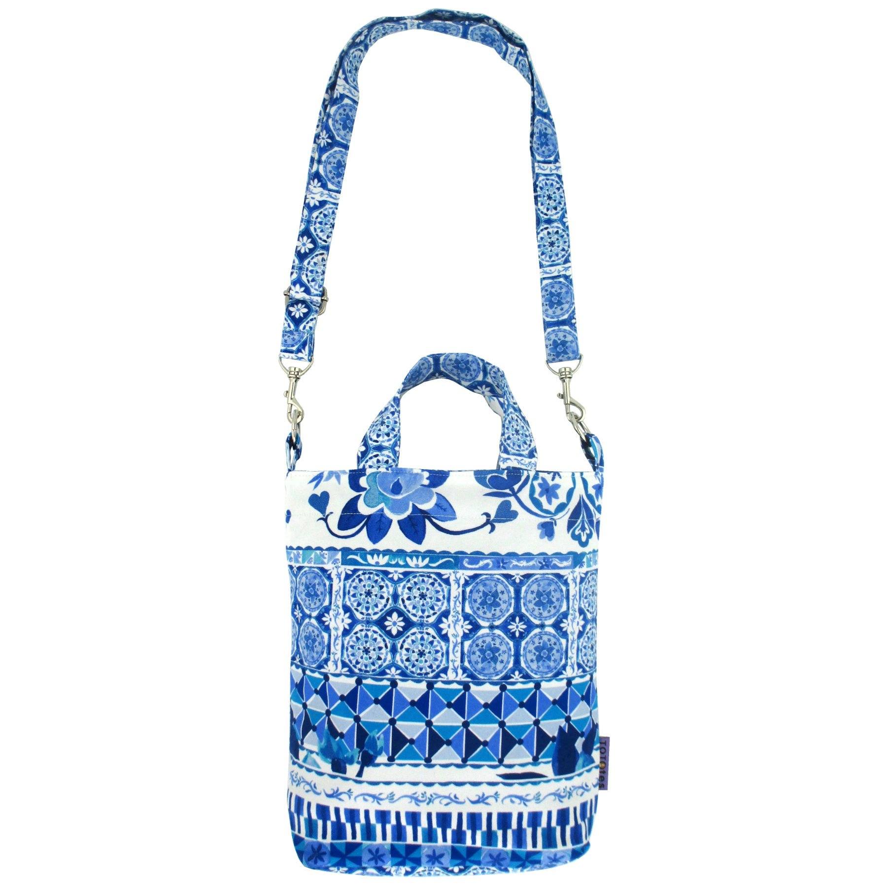 Bright Blue Paisley Floral Mosaic Tiles Patterned Print Duck Cross Body Cotton Tote Bag