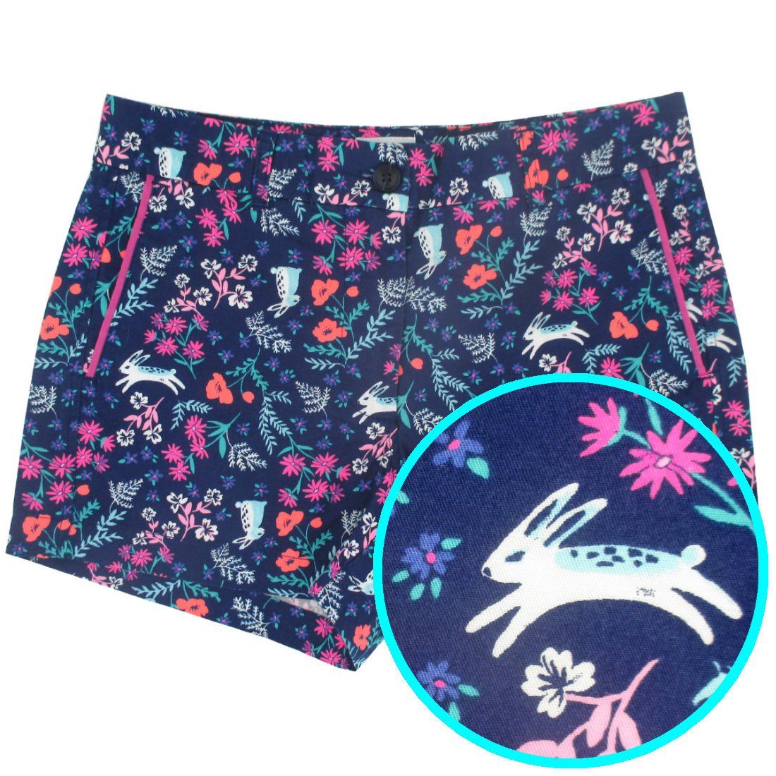 Rock Atoll Womenswear Colorful Floral Bunny Rabbit Easter All Over Print Flat Front Shorts for Women in Purple