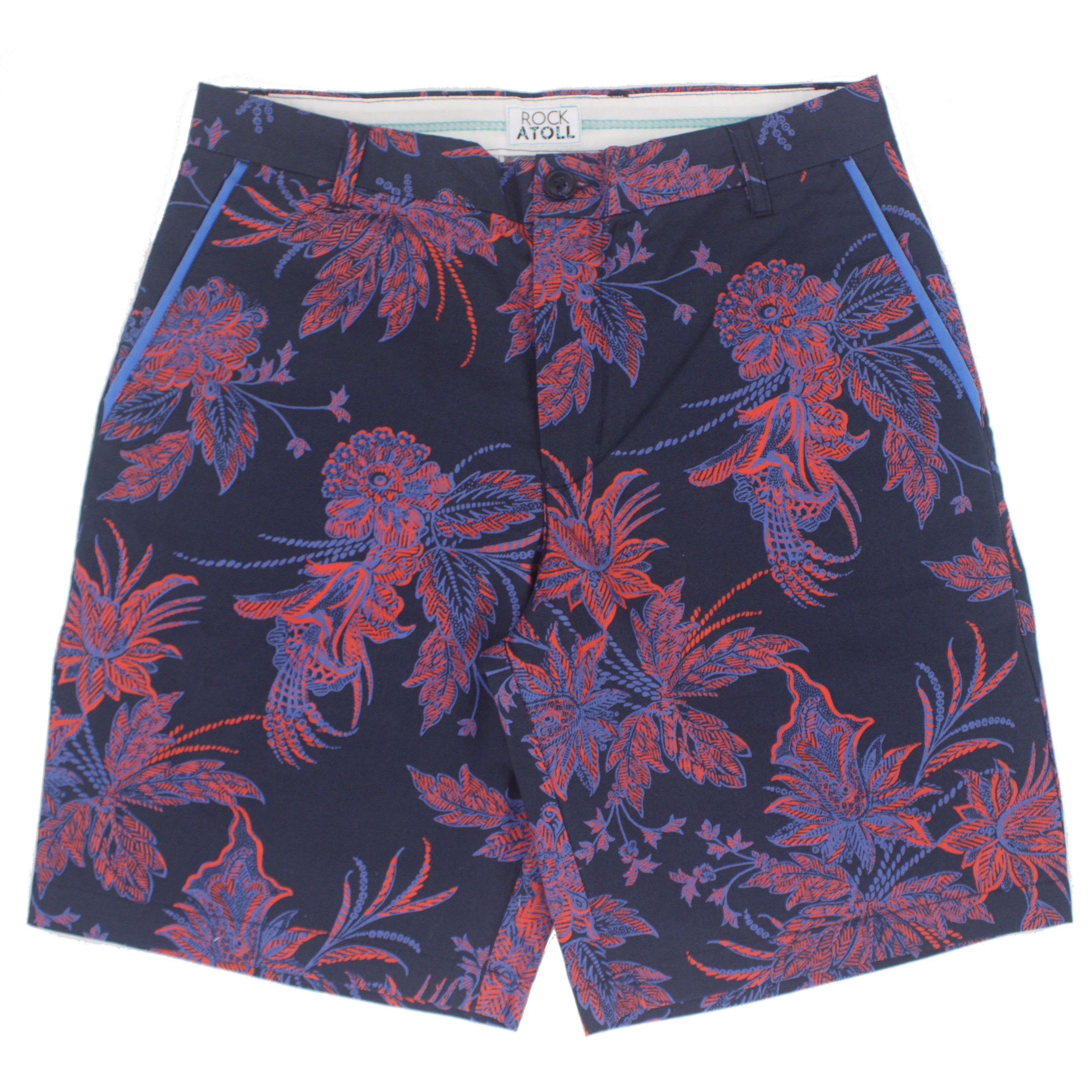 Red Blue Floral Print Flat Front Men's Shorts in Navy