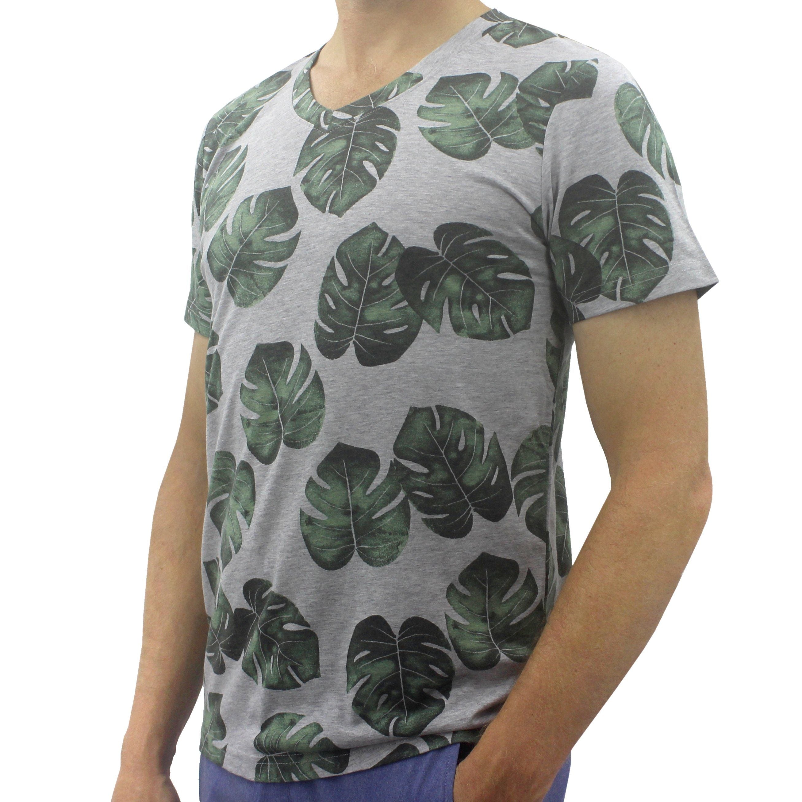 Men's V-Neck Monstera Plant Leaves All Over Print Cotton T-Shirt Top