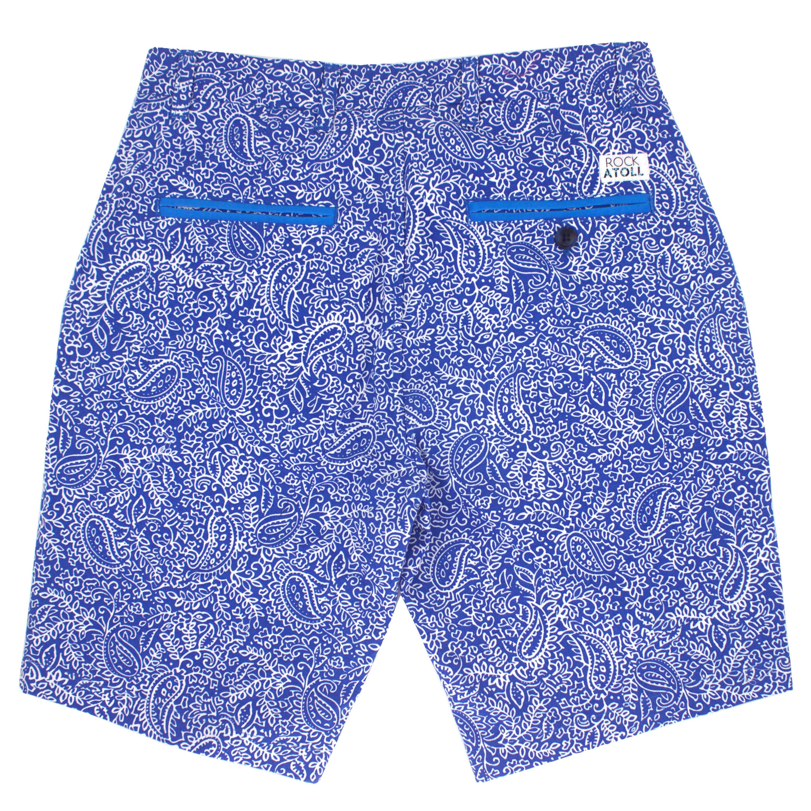 Blue Paisley All Over Print Flat Front Chino Cotton Shorts