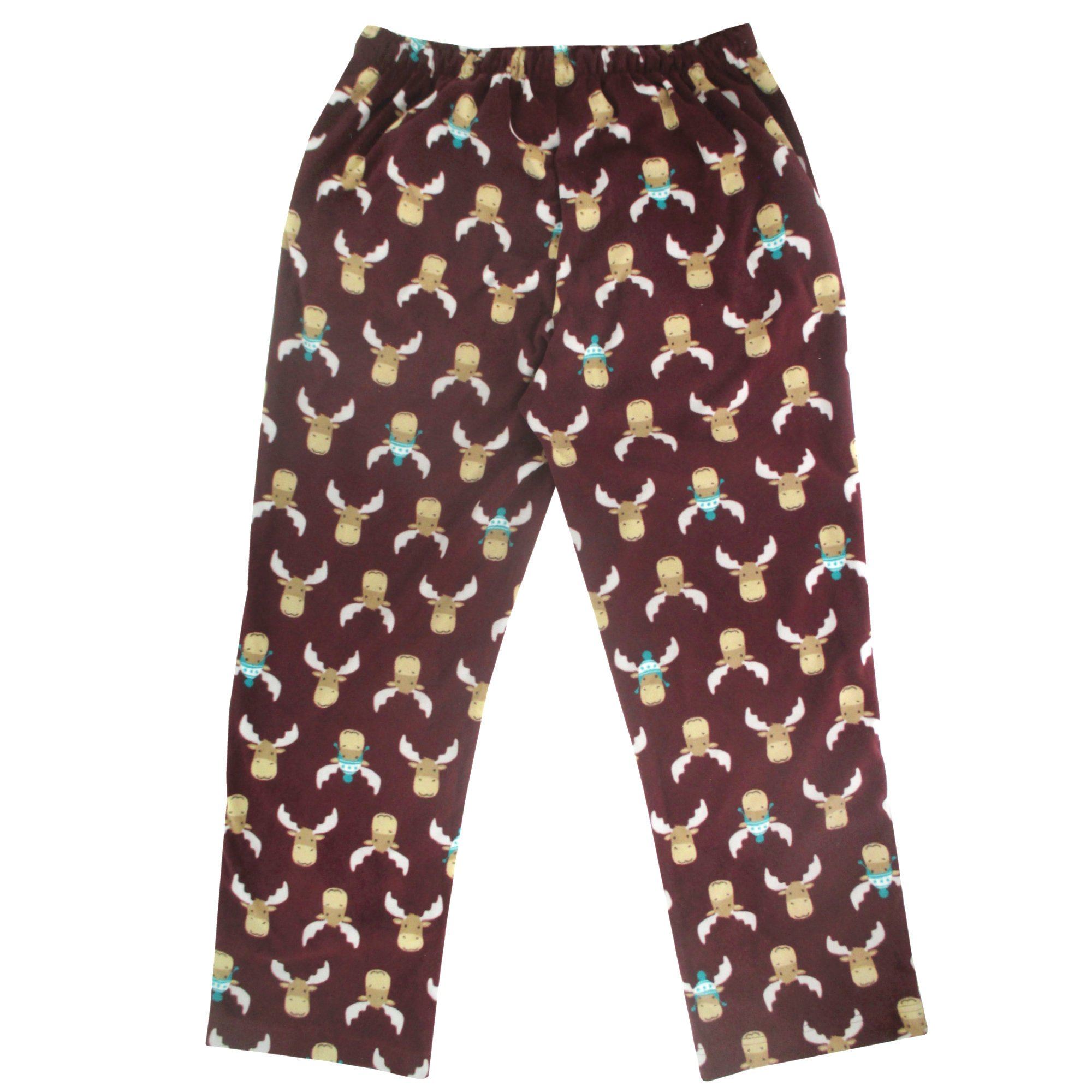 Dark Red Reindeer Moose Patterned Warm Fleece Pyjama Bottoms for Men