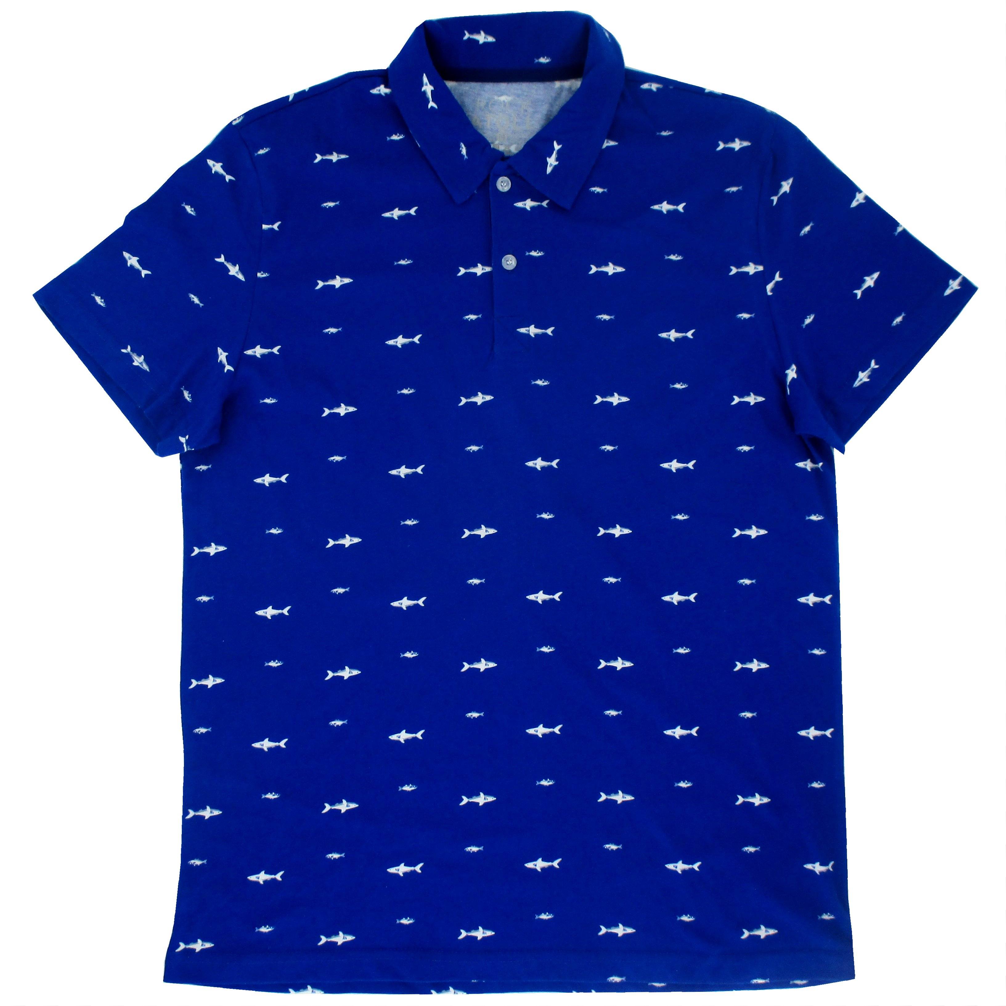 Rock Atoll Shark All Over Print Bright Blue Jersey Polo Tee