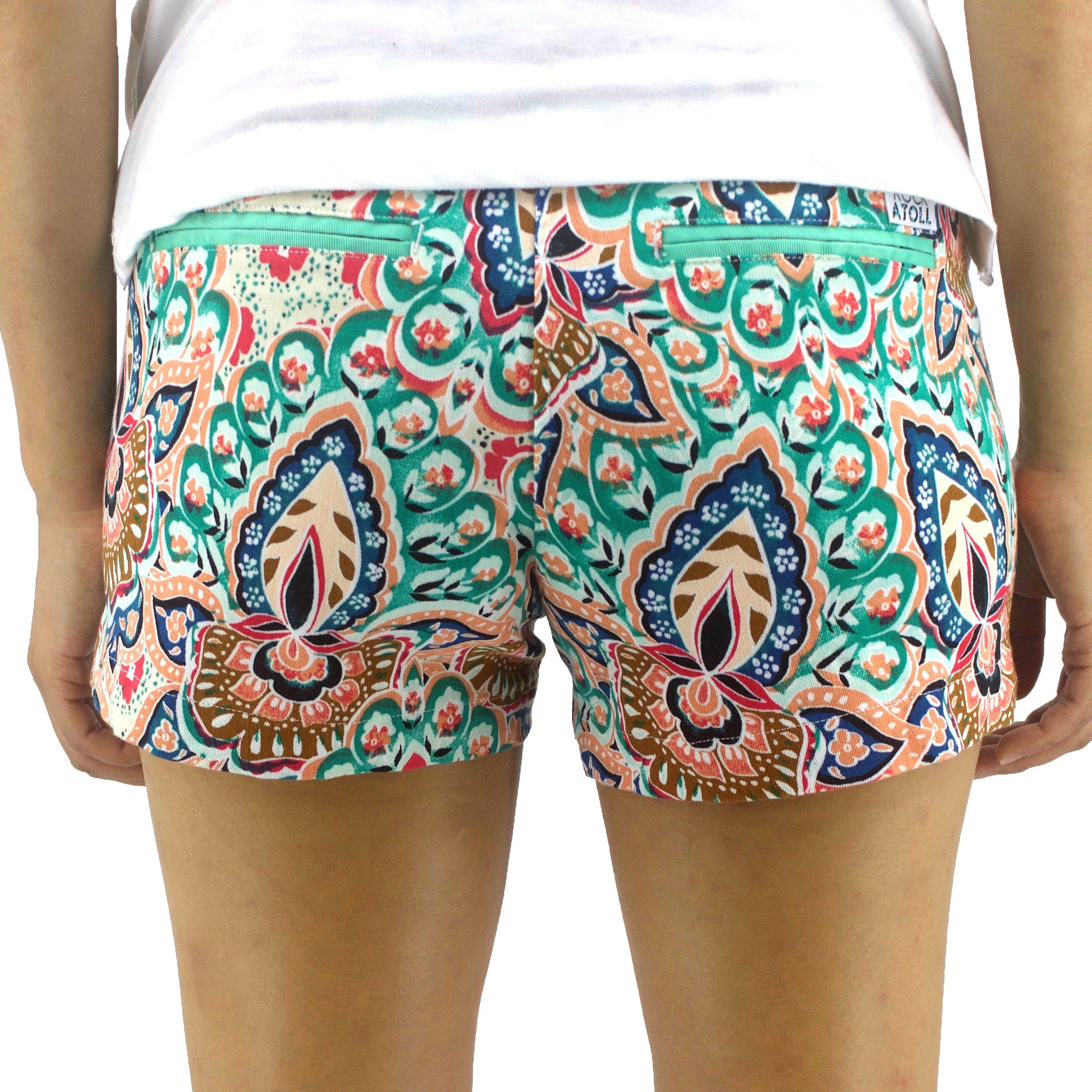 Bright Colorful Floral Paisley Print Orange Chino 3 Inch Inseam Shorts for Women