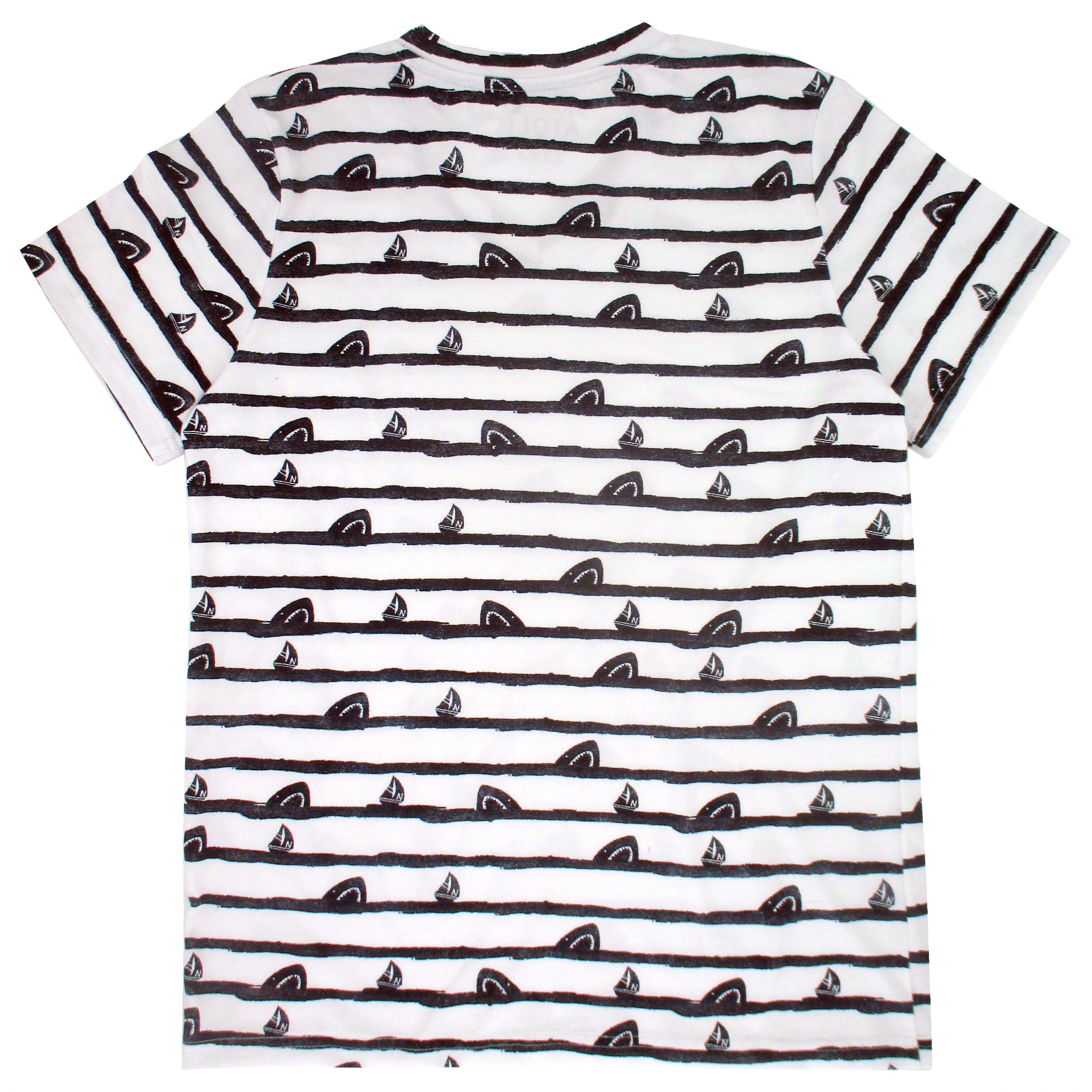 Rock Atoll Shark and Sailboat Waves Striped Tee in White