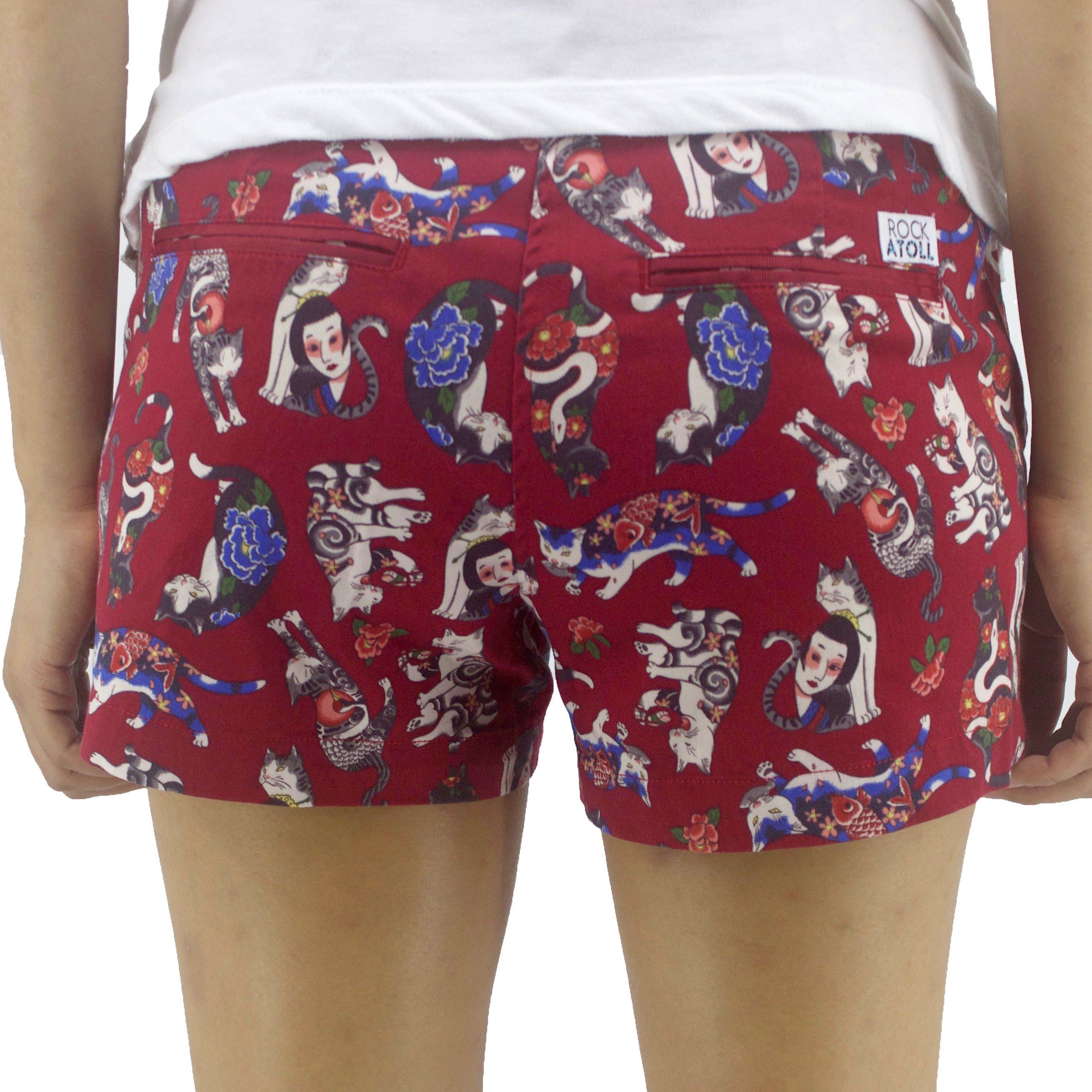 Colorful Tattoo Yakuza Cats Patterned Chino Shorts for Women