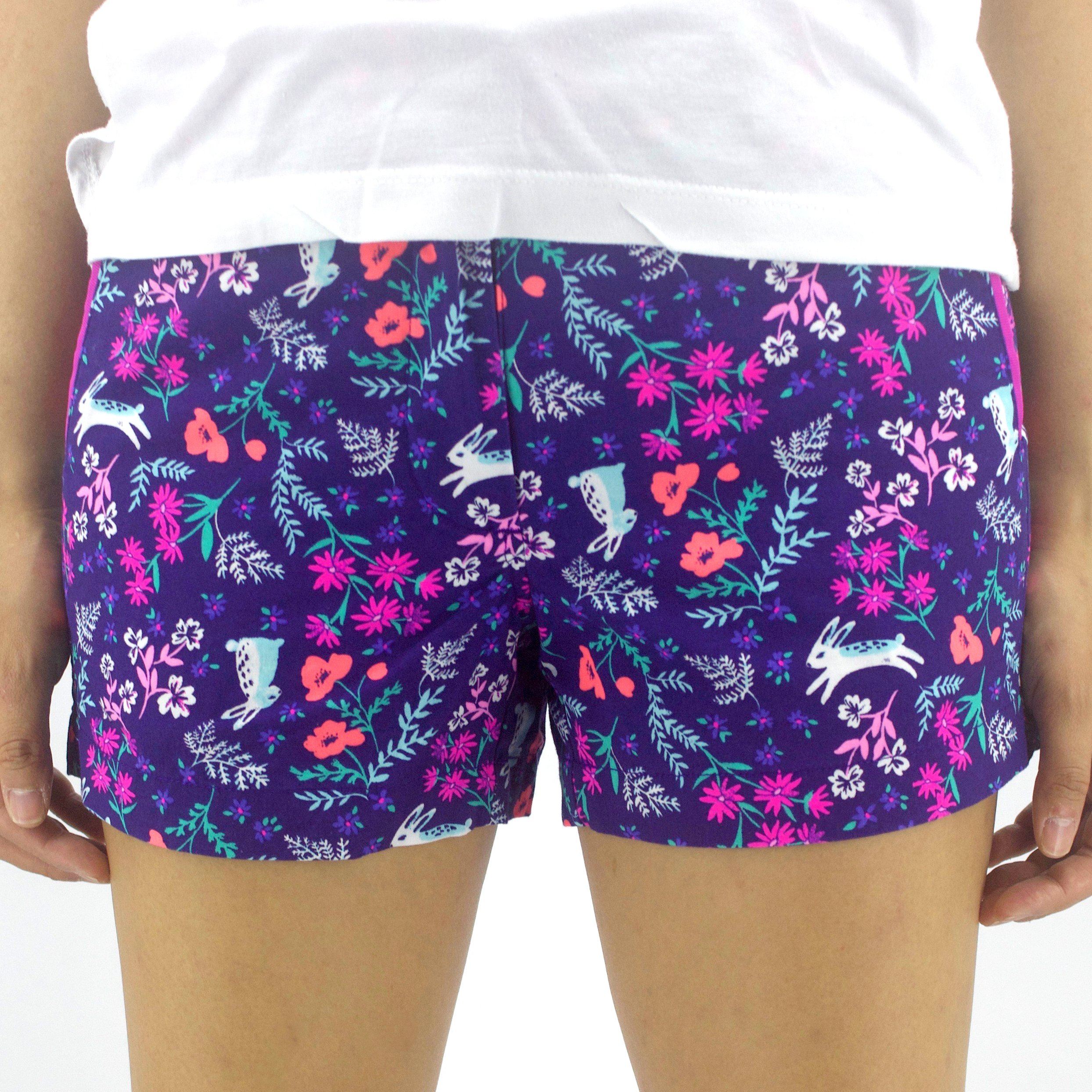 Colorful Bright Purple Bunny Rabbit Floral Flower Print Flat Front Chino Shorts