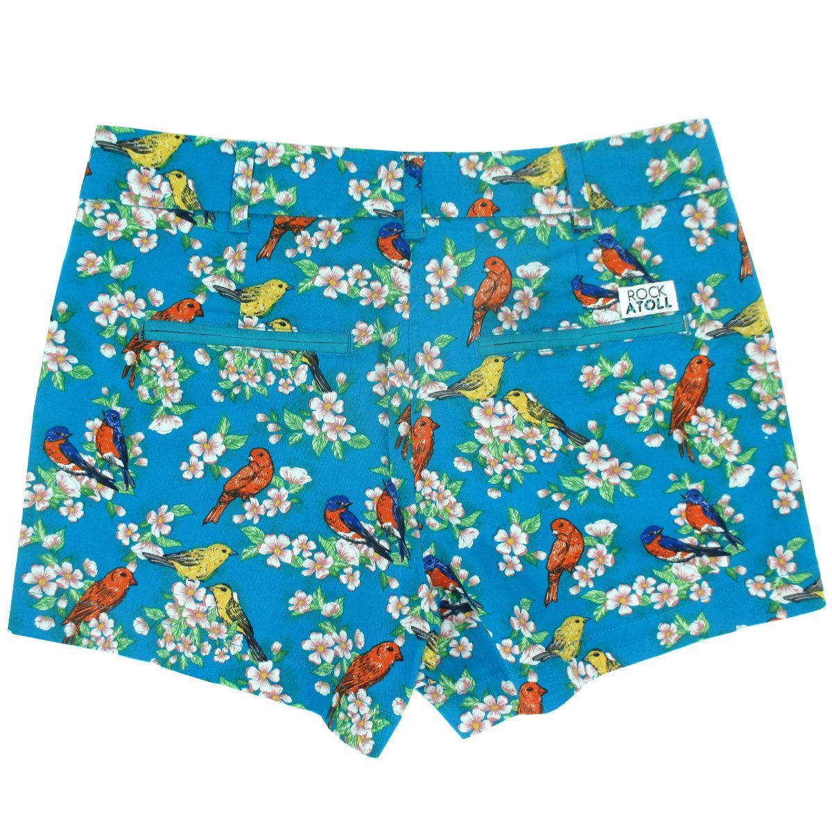 Colorful Bird Floral All Over Print Flat Front Chinos Shorts for Women in Blue