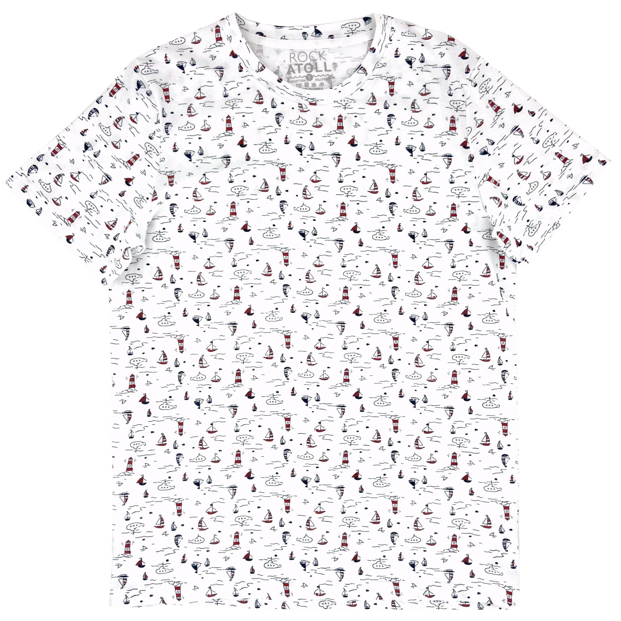 Sailor Inspired T-Shirt For Men. White Sailboat Lighthouse Print Top
