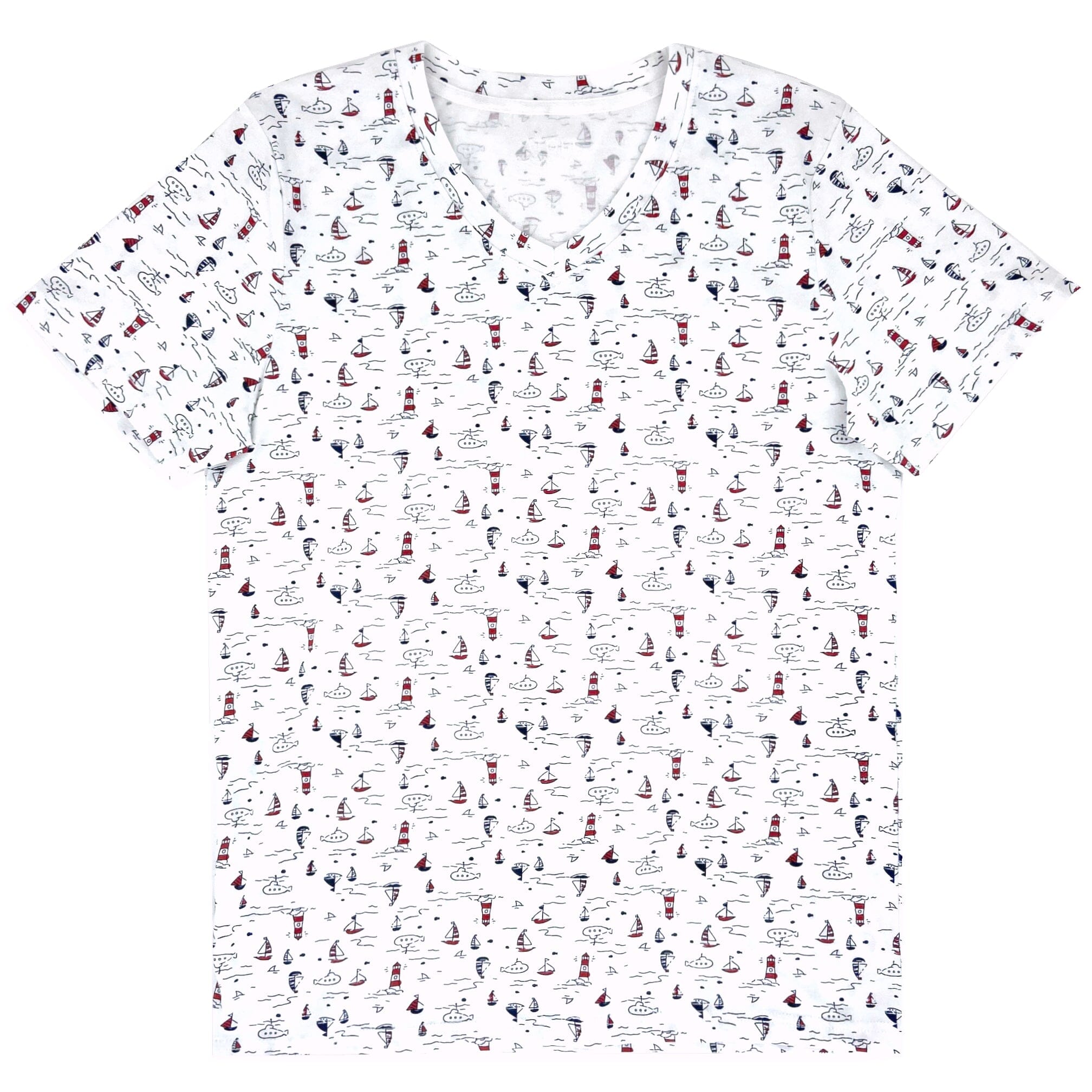 Sailor Inspired T-Shirt For Men. White Sailboat Lighthouse Print Top
