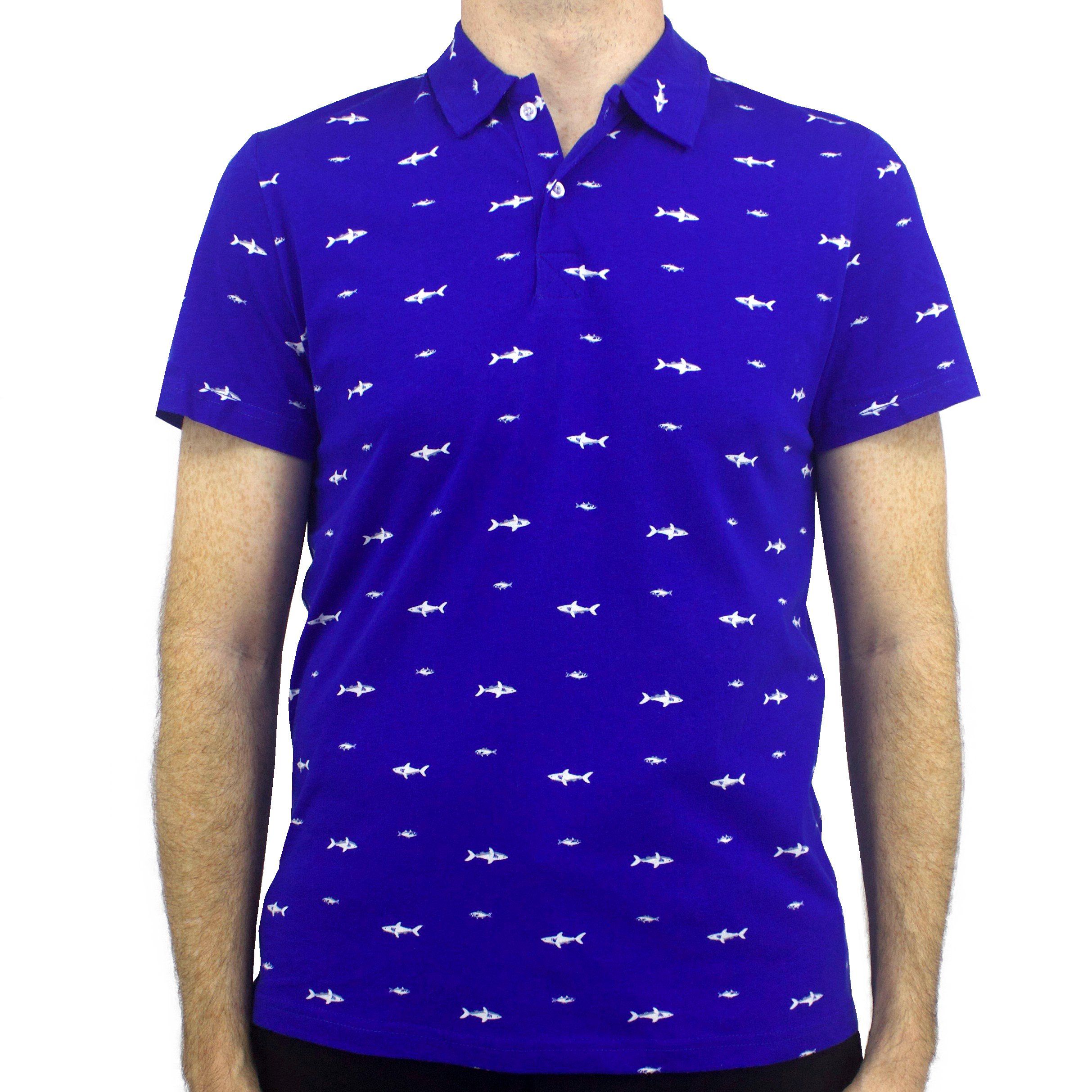 Rock Atoll Shark All Over Print Cobalt Blue Jersey Polo Tee T-Shirt Menswear.