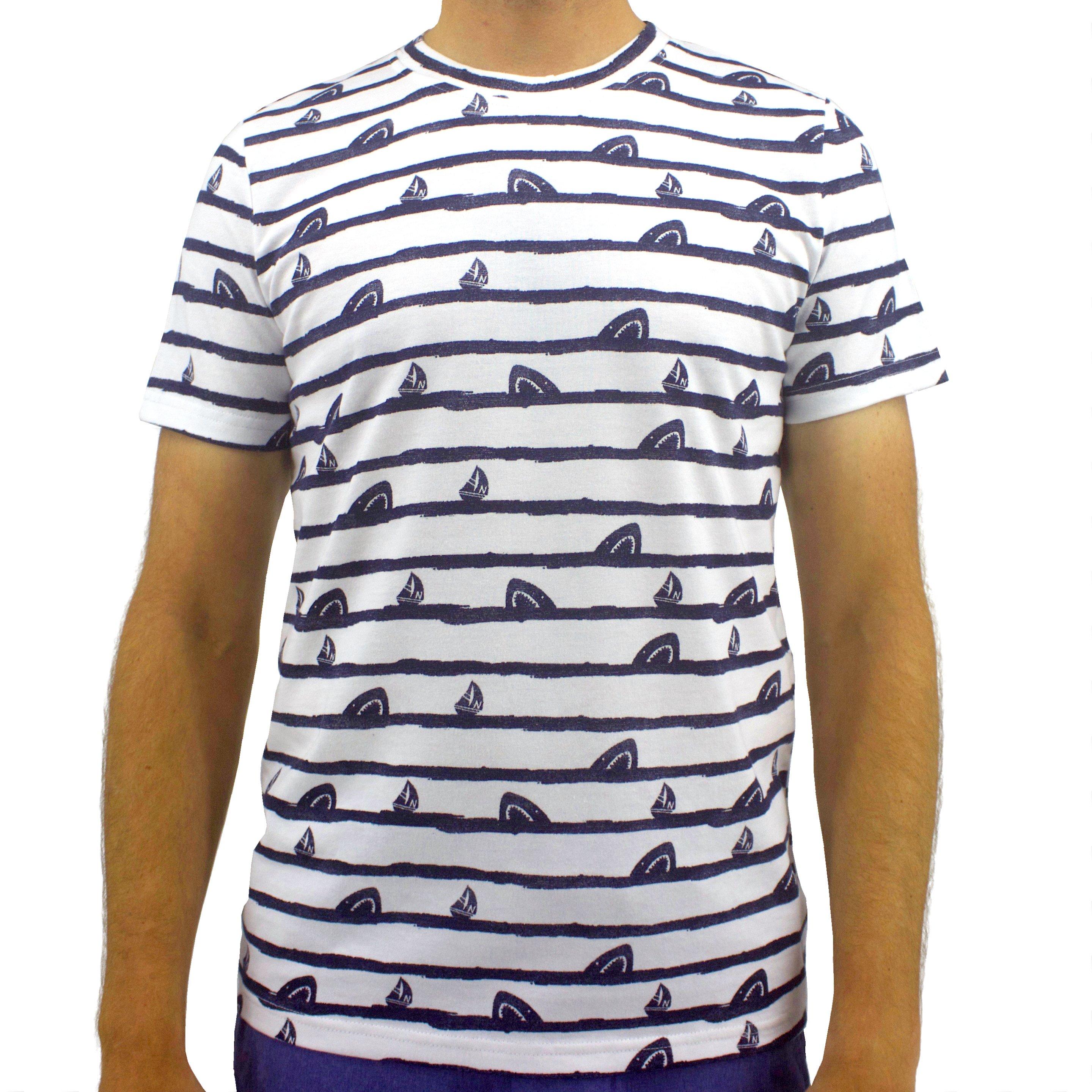 Rock Atoll Shark and Sailboat Waves Striped Graphic Tee in White