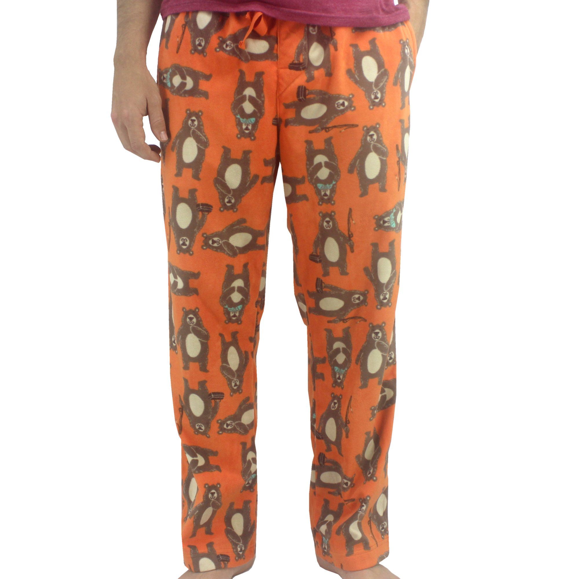 Bright Orange Colorful Brown Bears Gone Fishing All Over Print Soft Fleece Bottoms Pants for Men