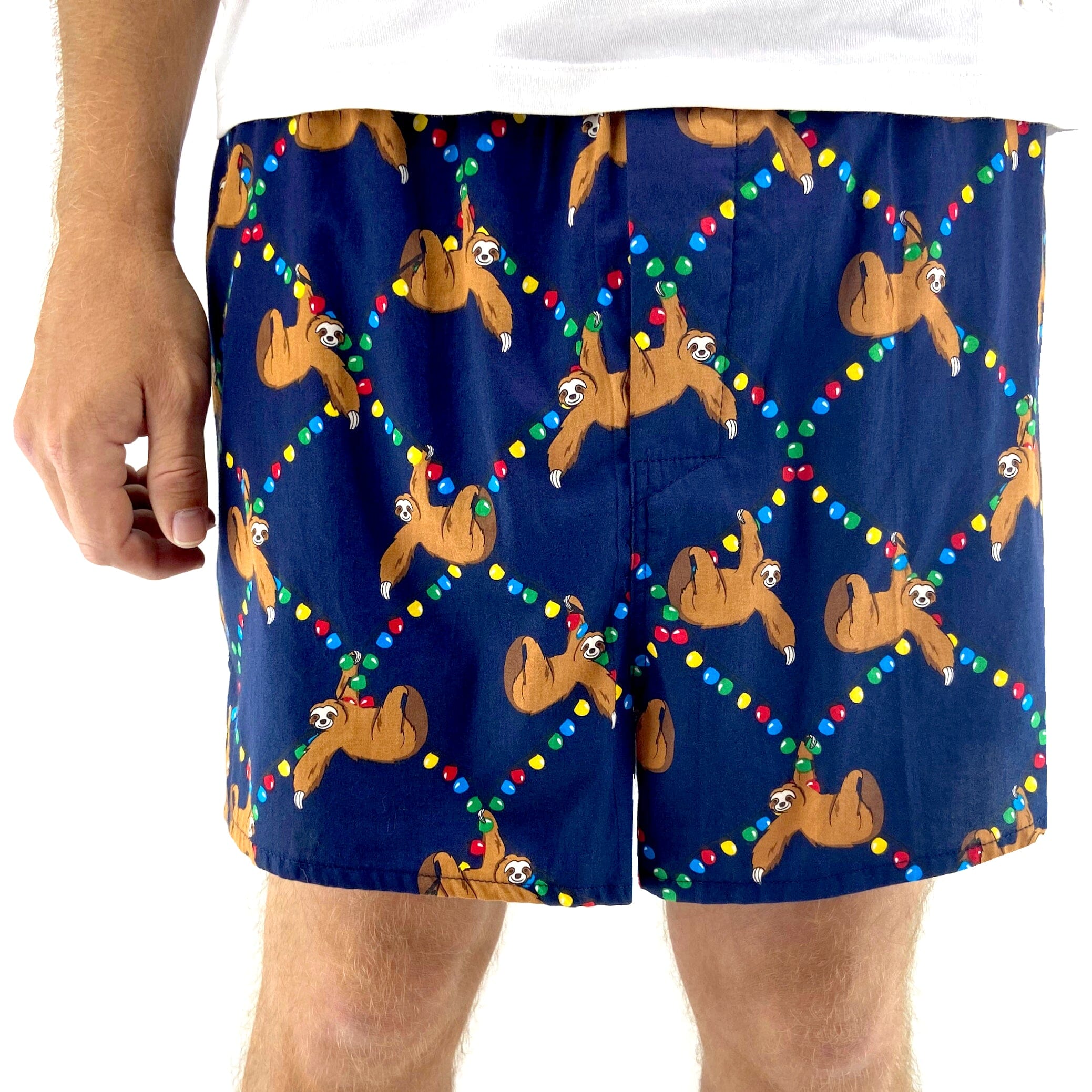 Festive Holiday Sloths on Christmas Lights Print Cotton Boxer Shorts