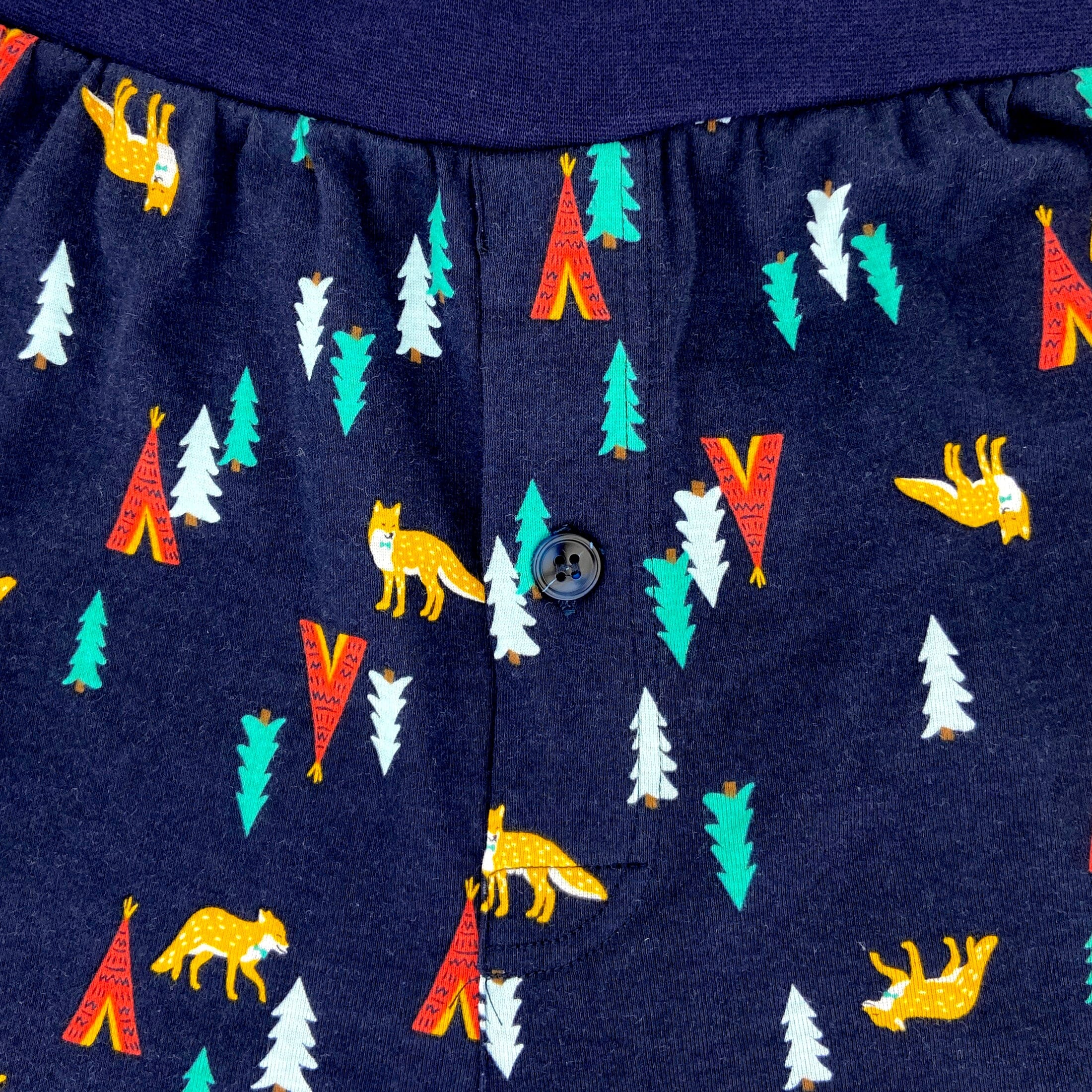 Men's Orange Fox & Teepee Tent Print Cotton Knit Boxer Pajama Shorts