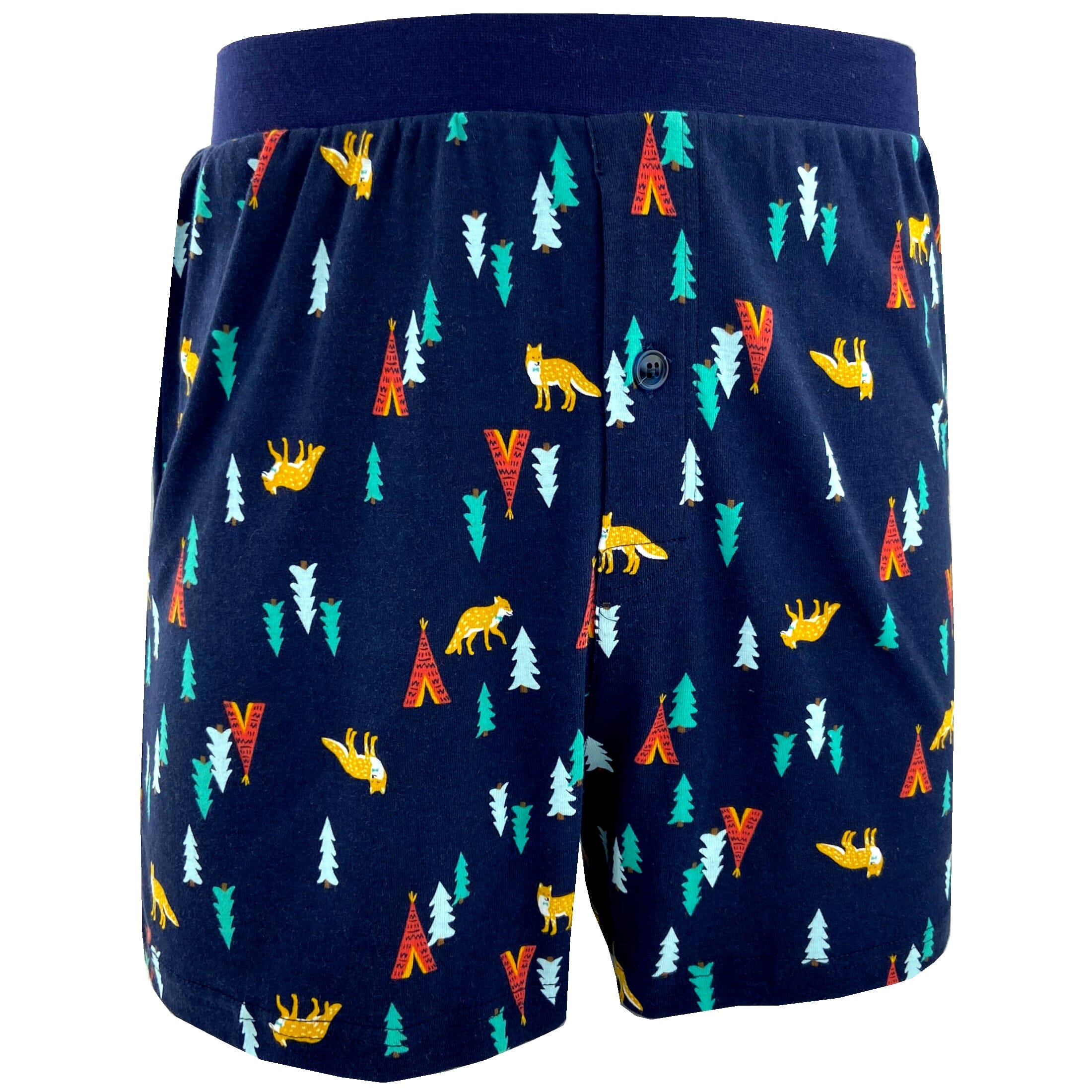 Men's Orange Fox & Teepee Tent Print Cotton Knit Boxer Pajama Shorts