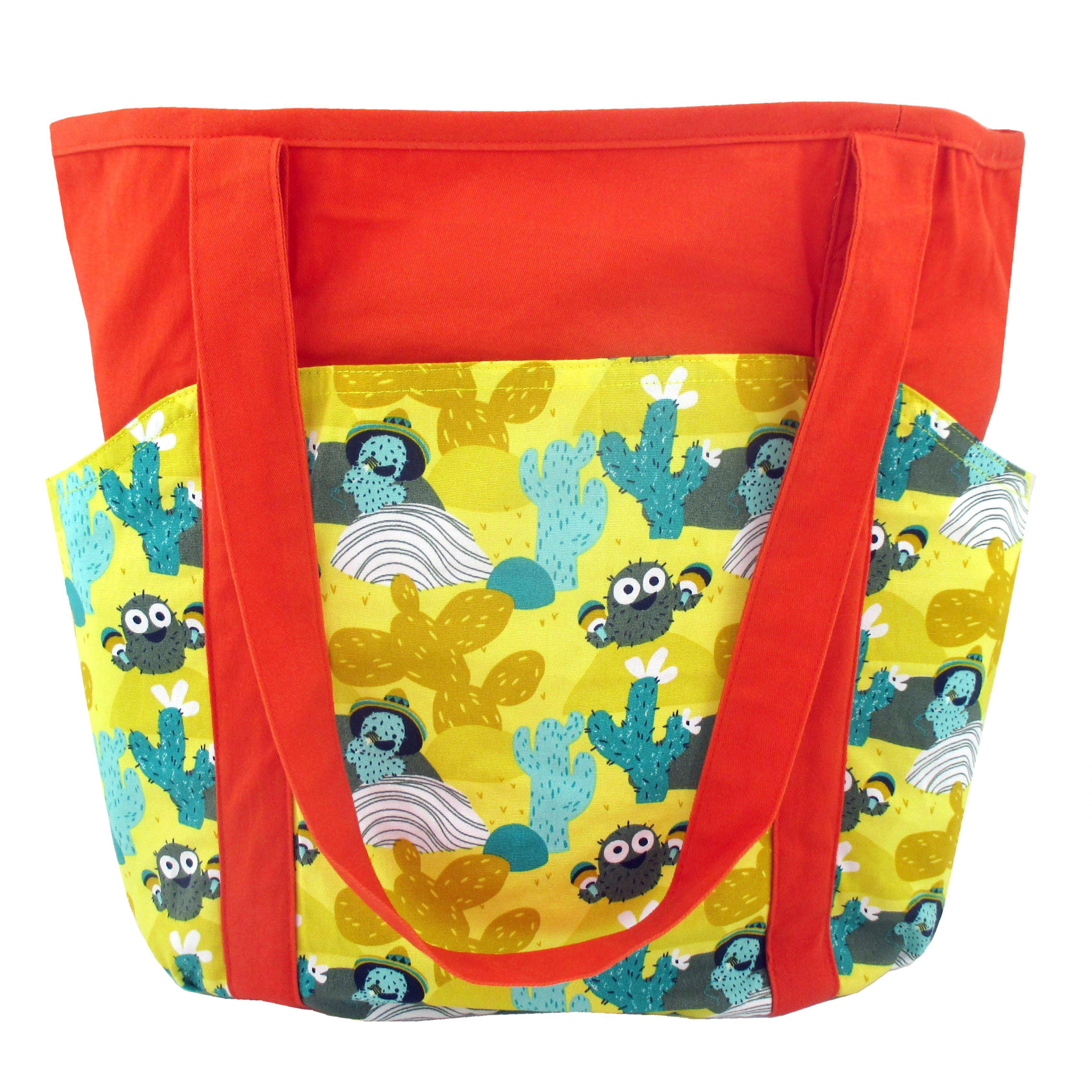 Bright Orange Desert Themed Cactus Pattern Large Utility Shoulder Tote Shopper Bag with Pockets