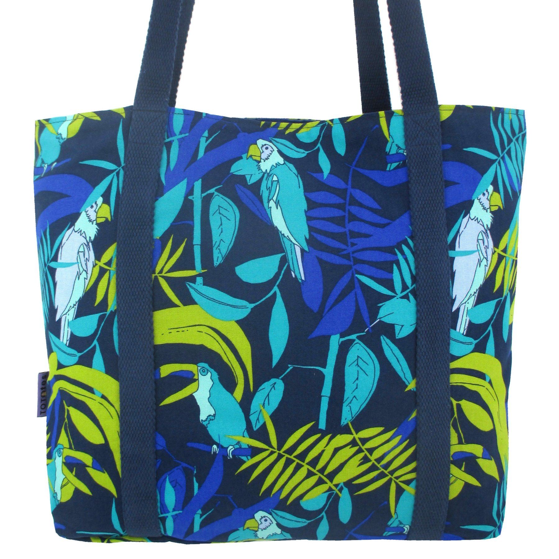 Jungle Parrot Toucan Bird Print Large Cotton Fabric Lightweight Lined Tote Bag