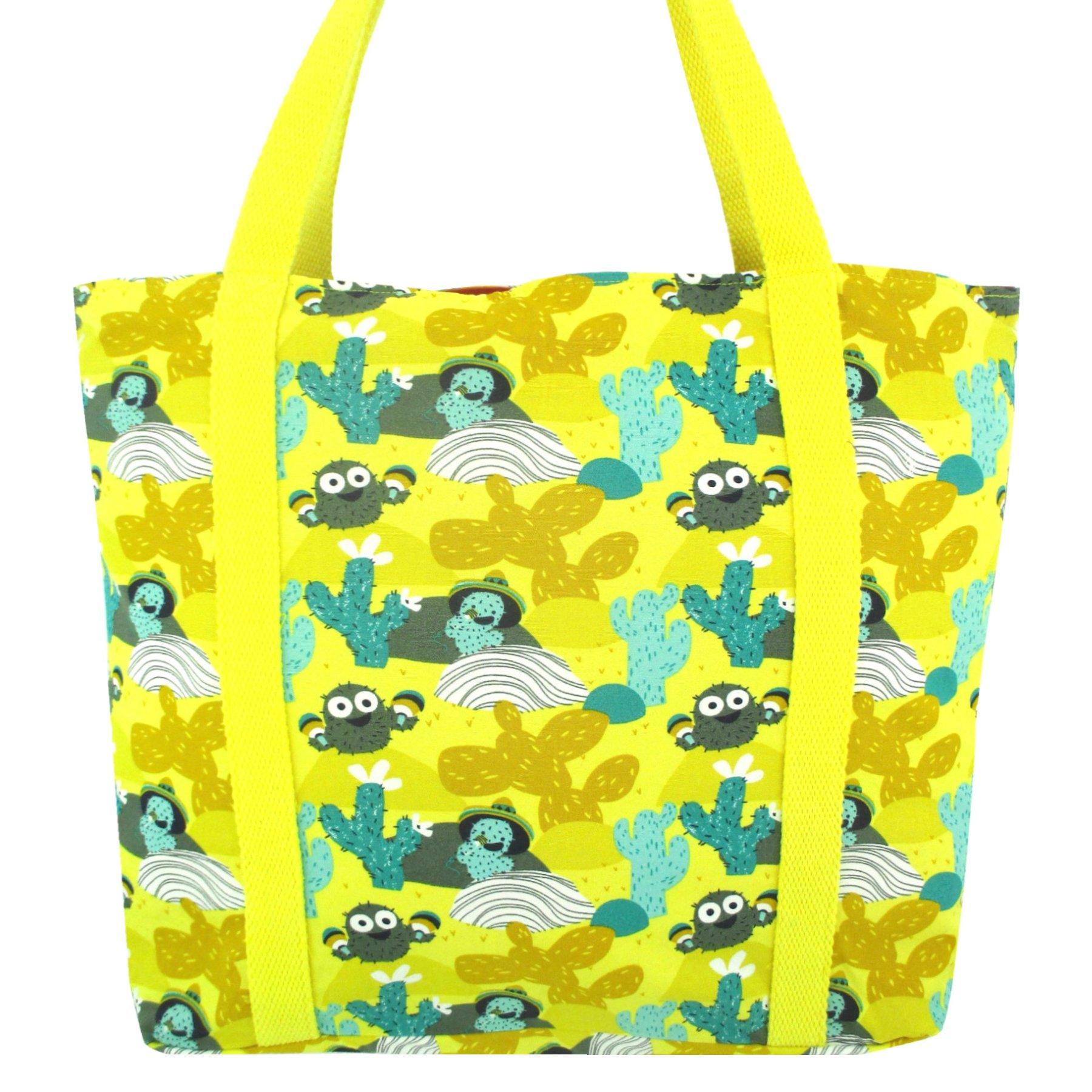 Bright Yellow Desert Cactus Print Large Cotton Market Shopper Tote Bag