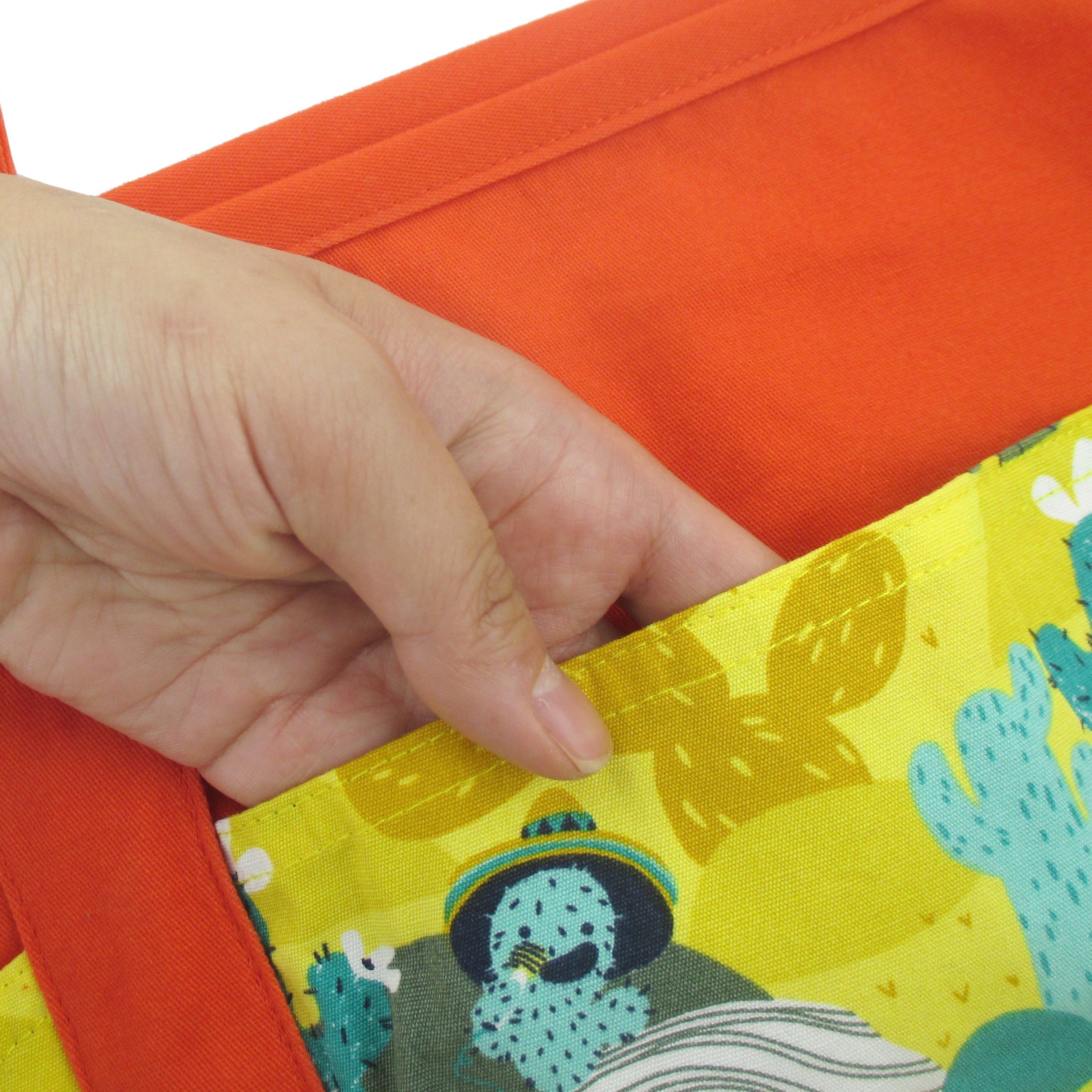 Bright Orange Desert Themed Cactus Pattern Large Utility Shoulder Tote Shopper Bag with Pockets