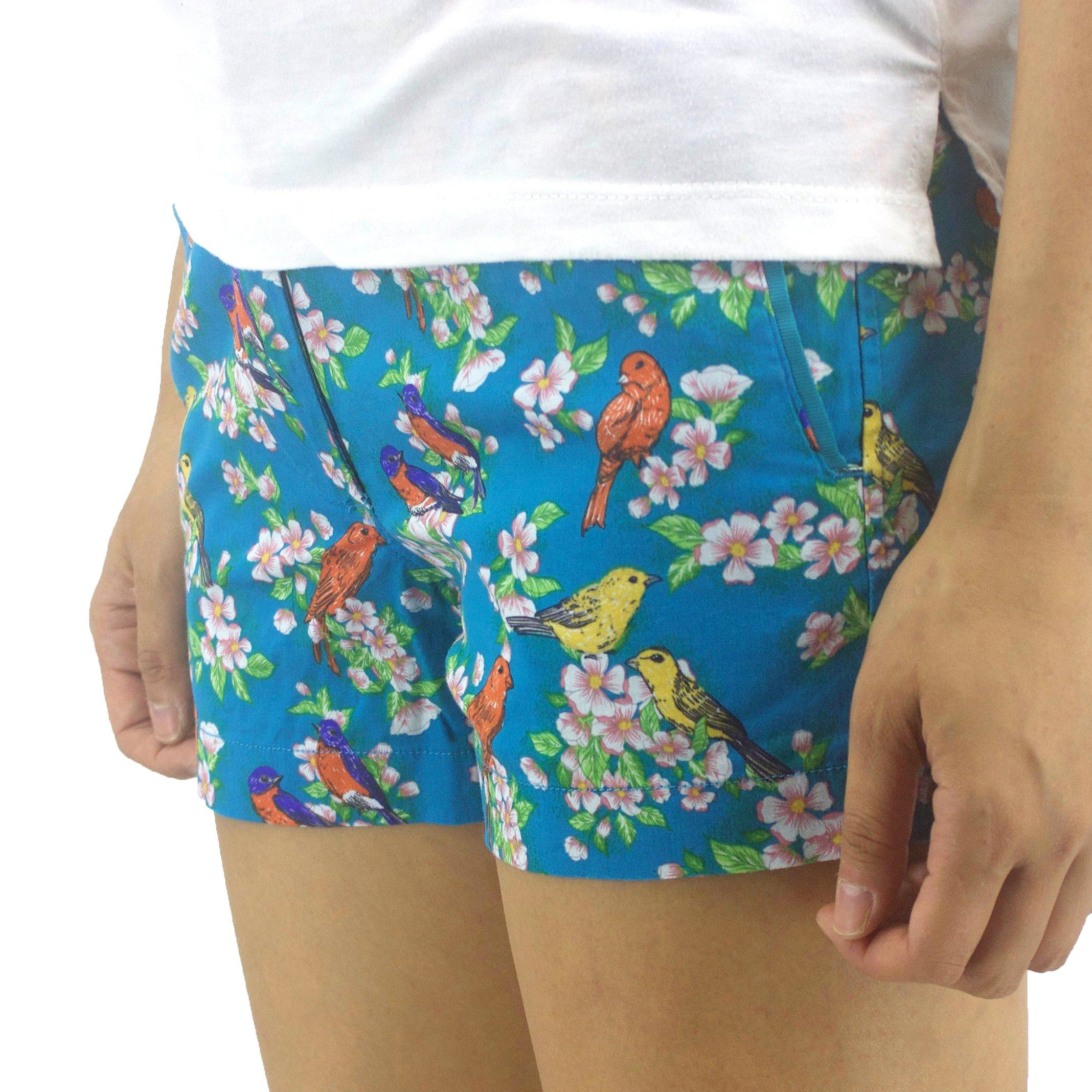 Animal Print Bird Pattern Blue Turquoise Flat Front Chino Shorts for Ladies