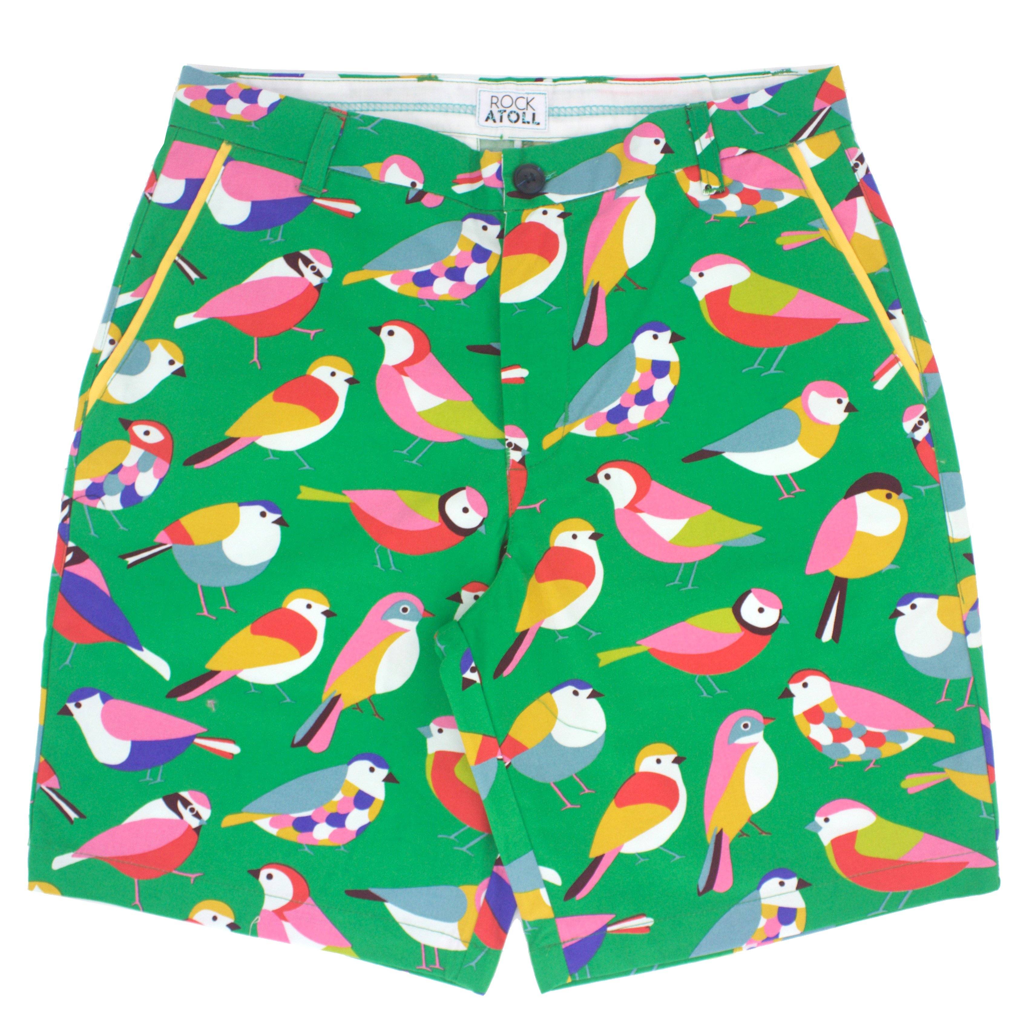 Colorful Bird All Over Print Flat Front Mens Shorts in Green