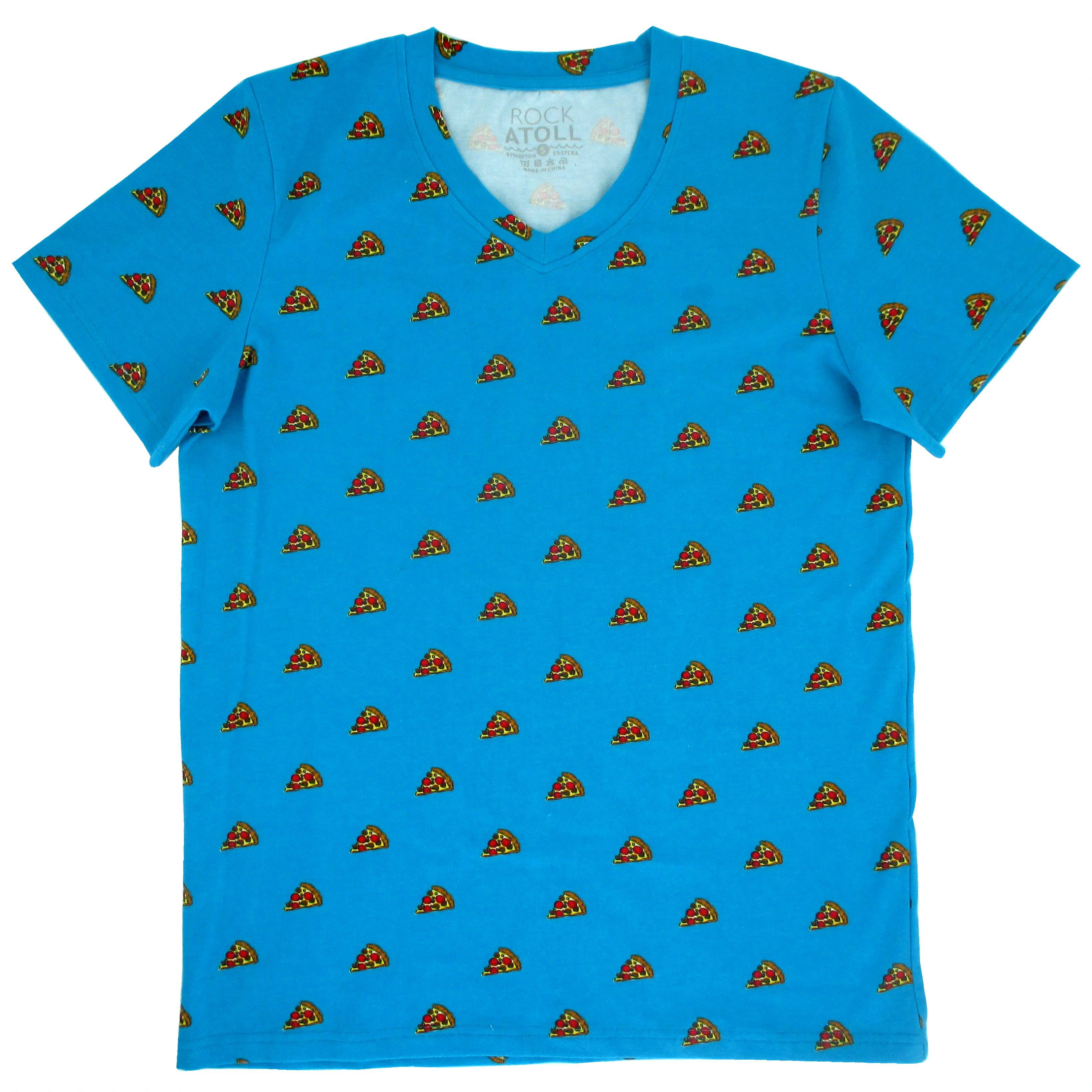 Men's V-Neck Pizza Patterned Soft Cotton T-Shirt for Pizza Lovers